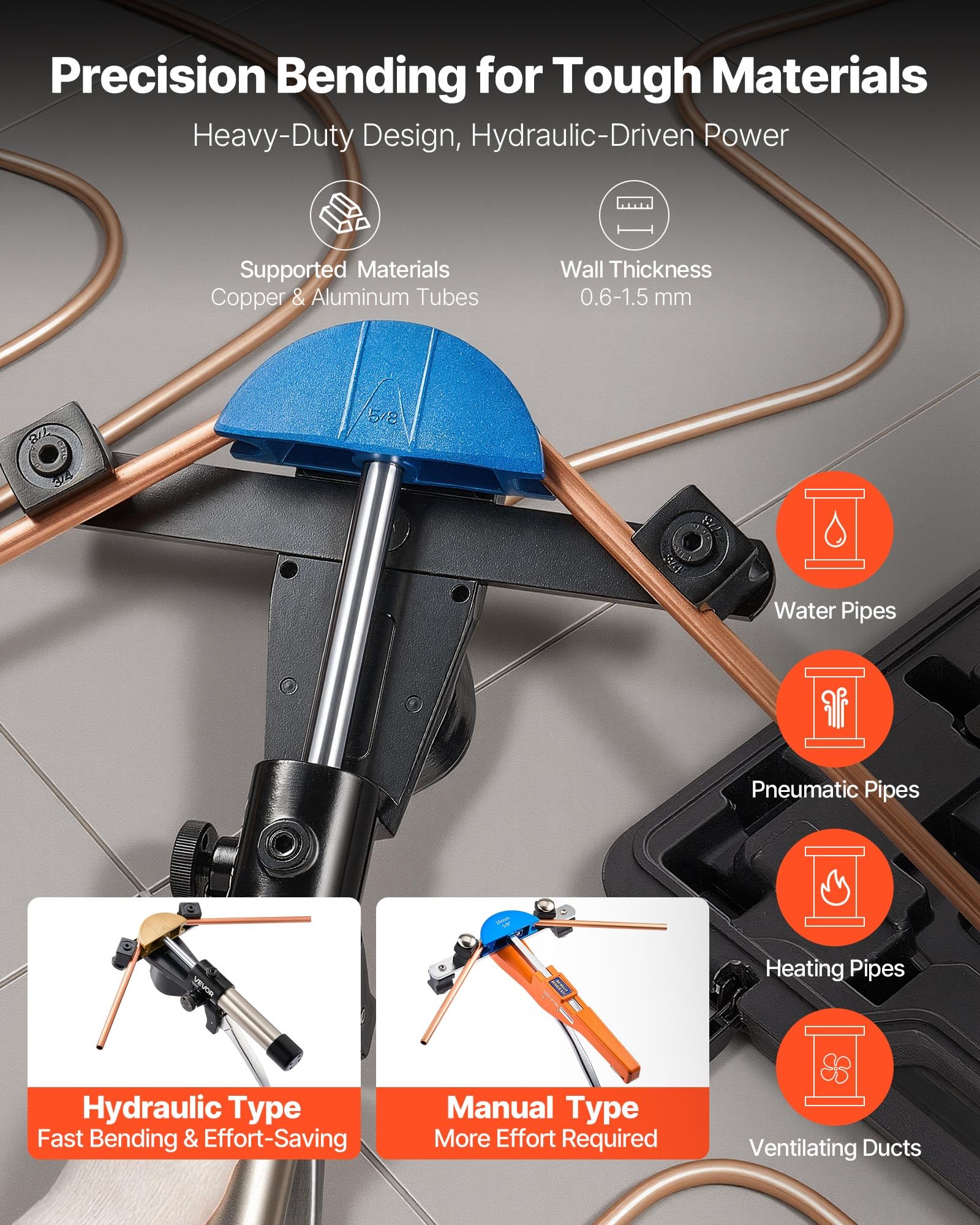 VEVOR Kit Piegatubi Idraulico per Tubi Pinza Idraulica per Piegtura di Tubi in Rame Alluminio Spessore 0,6-1,5 mm, Utensili per Piegatura di Tubi Angolo max. 90° Dimensioni 6-22 mm Riparazione