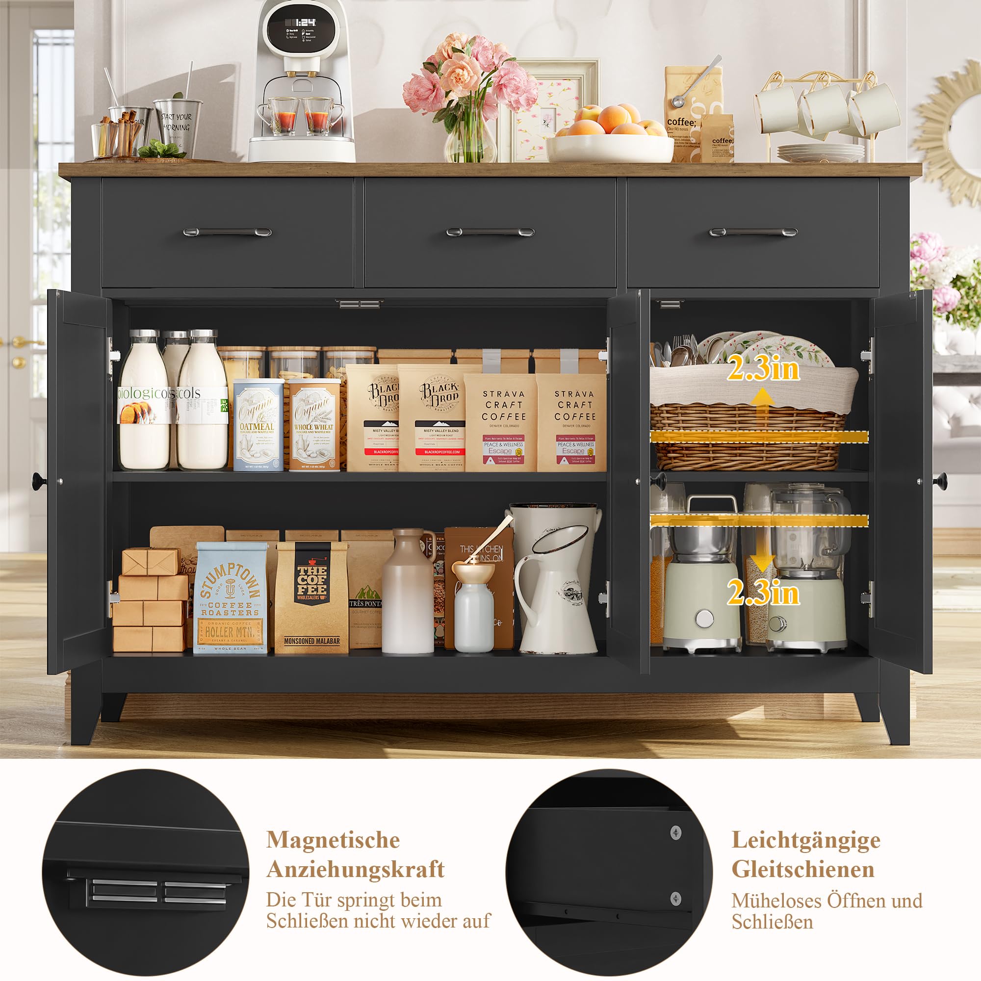 HOCSOK Sideboard, Küchenschrank mit Arbeitsplatte, Küchenbuffet Buffetschrank mit 3 Schubladen, 3 Türen, 1 Festes und 1 Verstellbares Regal, für Küche, Wohnzimmer, Esszimmer, 120 x 40 x 85cm