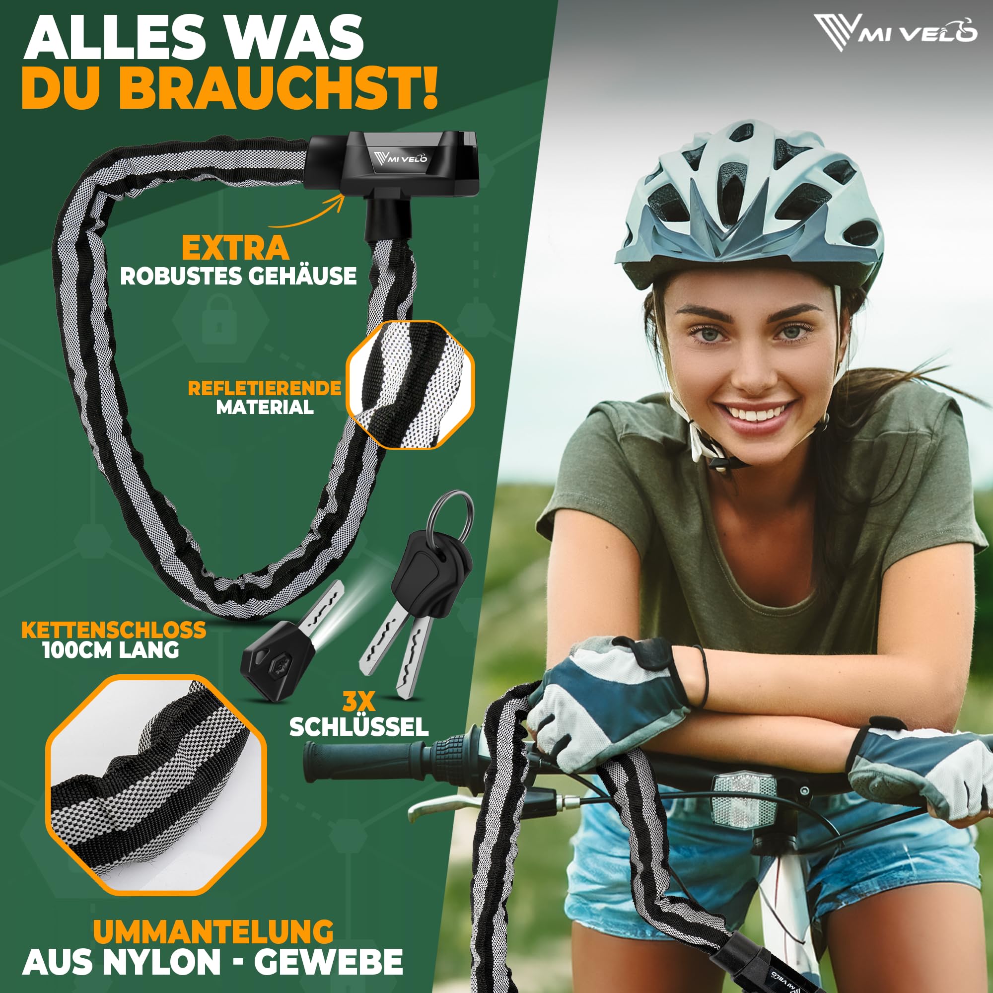 MIVELO Fahrradschloss Kettenschloss hohe Sicherheit 100cm lang I Fahrrad Schloss 8mm gehärteter Stahl I Ideal für E Bike, MTB & Rennrad (Mit Schlüssel & LED-Beleuchtung) Sport & Freizeit