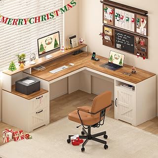 63" Farmhouse L Shaped Executive Desk with Drawers & Storage Shelf, Corner Computer Desk with Power Outlets, L Shaped Office Desk with Monitor Stand, Printer Shelf, Antique White