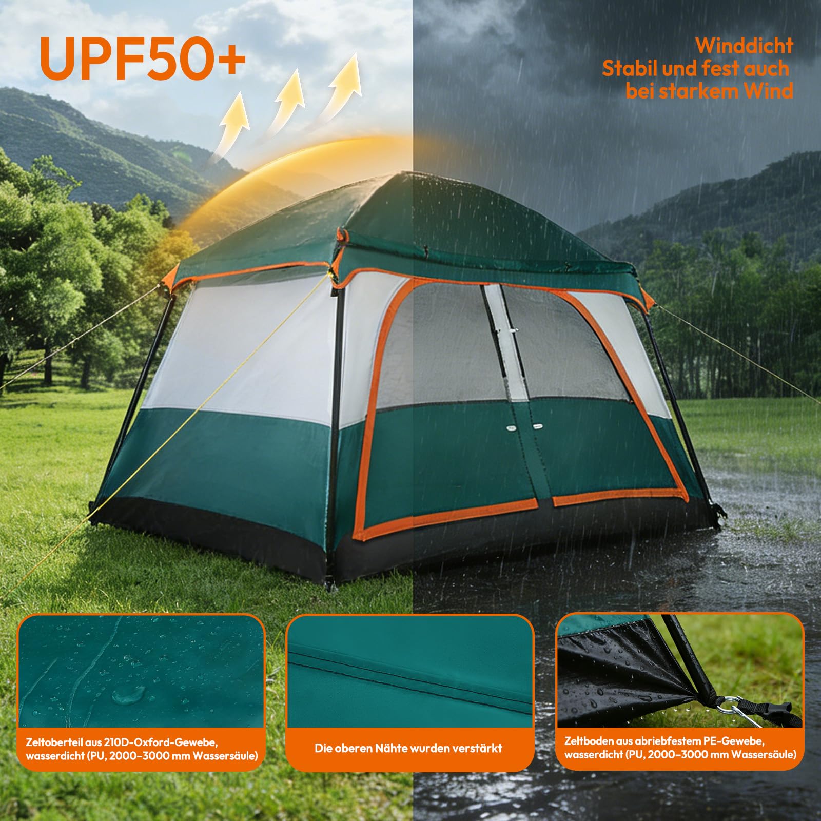 Treeboy Familienzelt 4 Personen PU3000mm Wasserdicht Glamping Zelt Hauszelt Quick-up Große inkl. abnehmbarem Dach & Tragetasche, Verdunkelungszelt mit Veranda für Camping Outdoor Reise Trekking