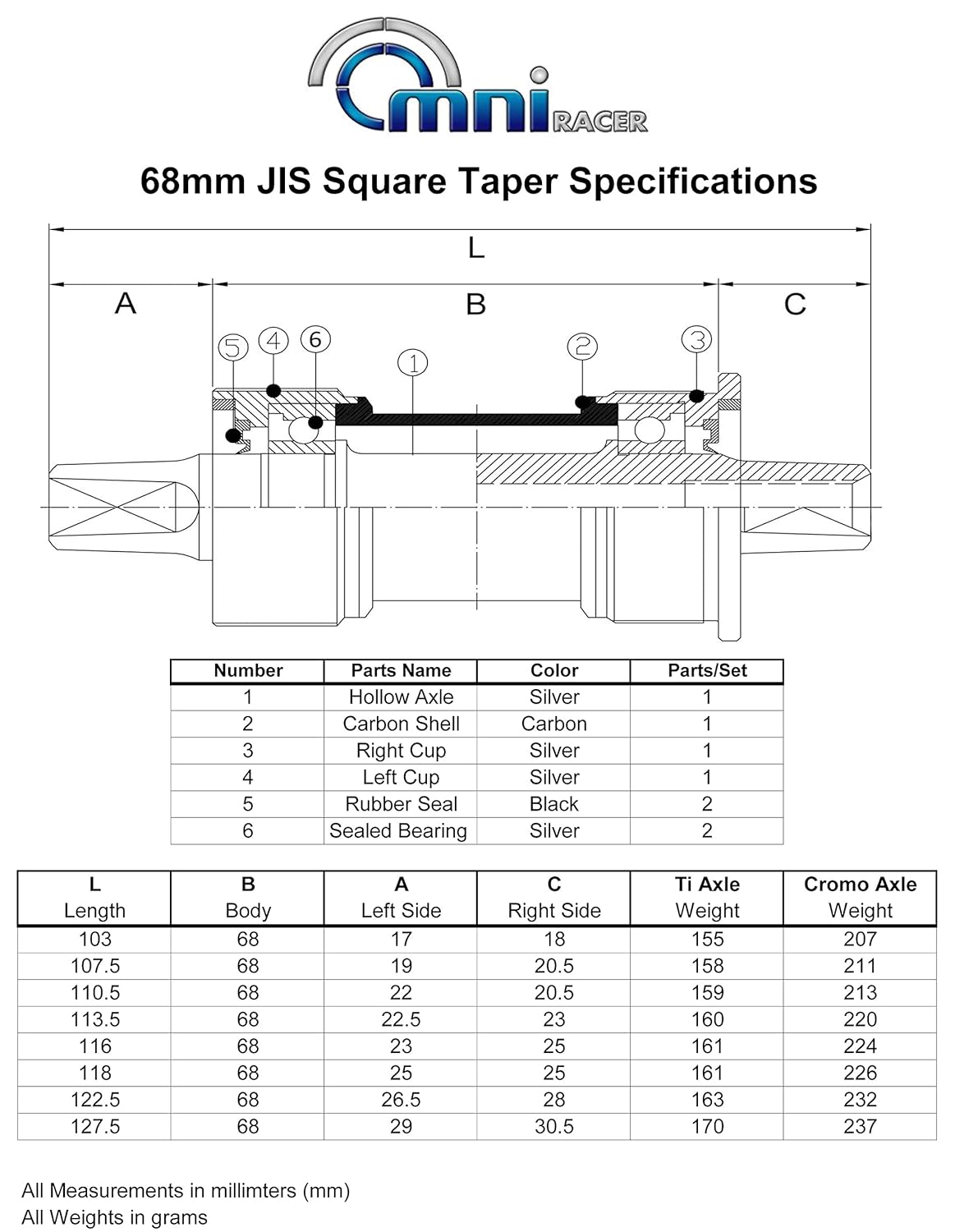 OMNI Racer Worlds Lightest JIS Square Taper Bottom Bracket- English (68x103mm)