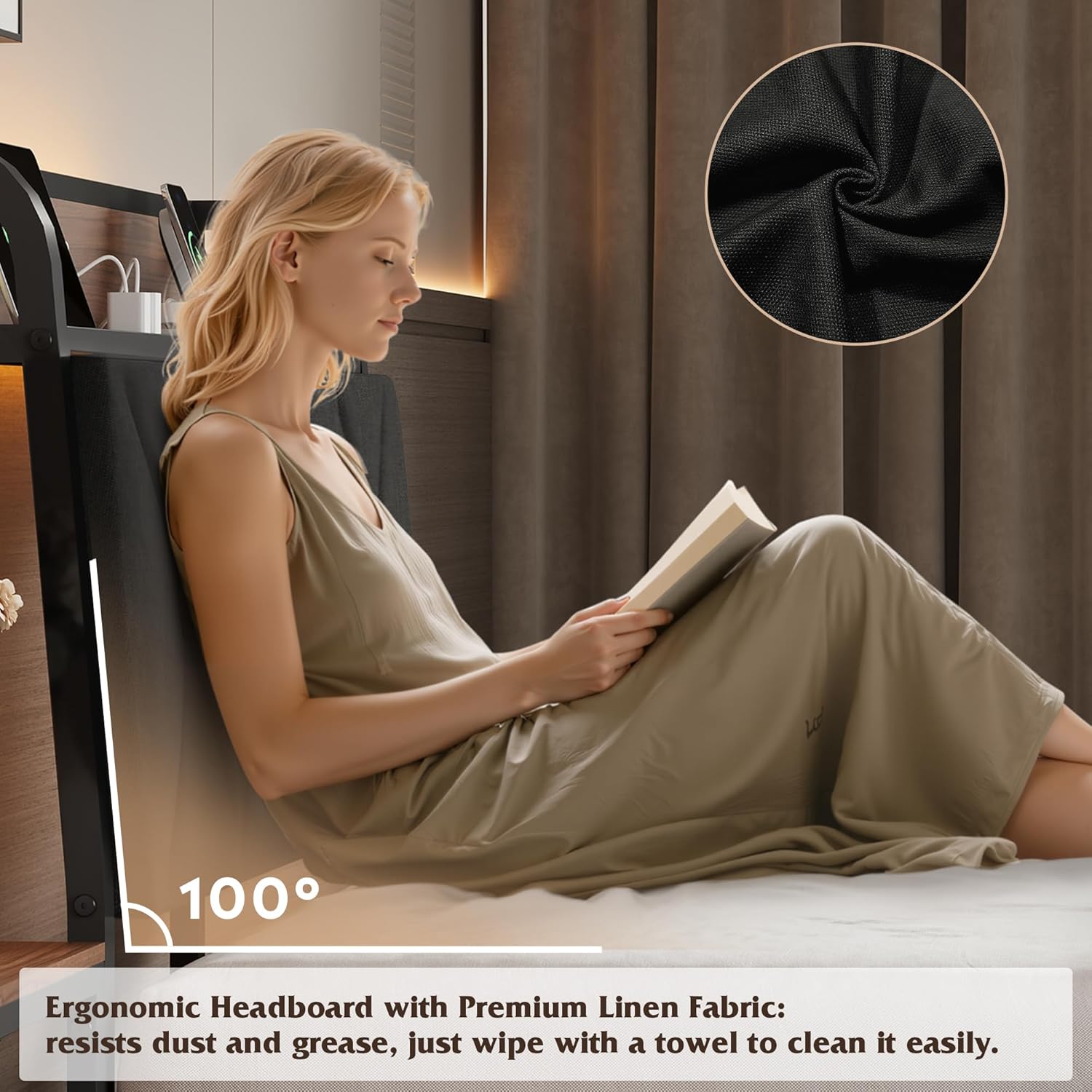 WLIVE Twin Bed Frames with Headboard, Upholstered Bed Frame with 2 Storage Shelves, Platform Bed with LED Lights and Charging Station, 600LBS Mattress Foundation, No Box Spring Needed, Black