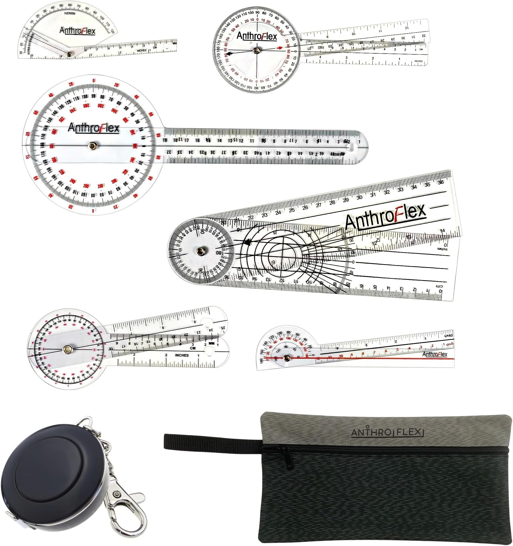 AnthroFlex 8 Piece Goniometer Set with 6 Goniometers, Tape Measure, Transport Bag