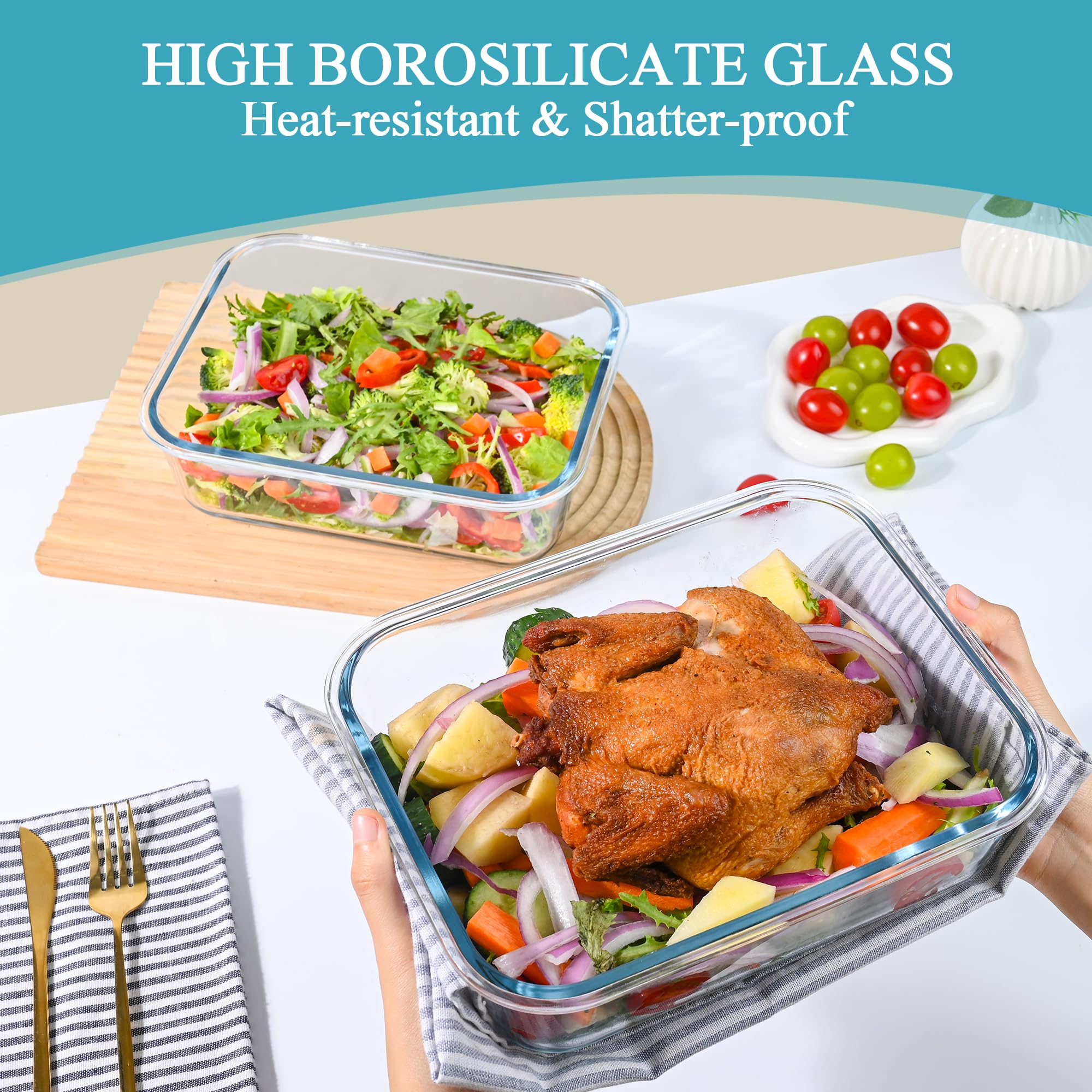 GEHE Recipientes grandes de vidrio para almacenamiento de alimentos de 9.8 tazas/78 onzas con tapas, juego de 2 recipientes de vidrio para preparación de comidas con tapas herméticas, almacenamiento