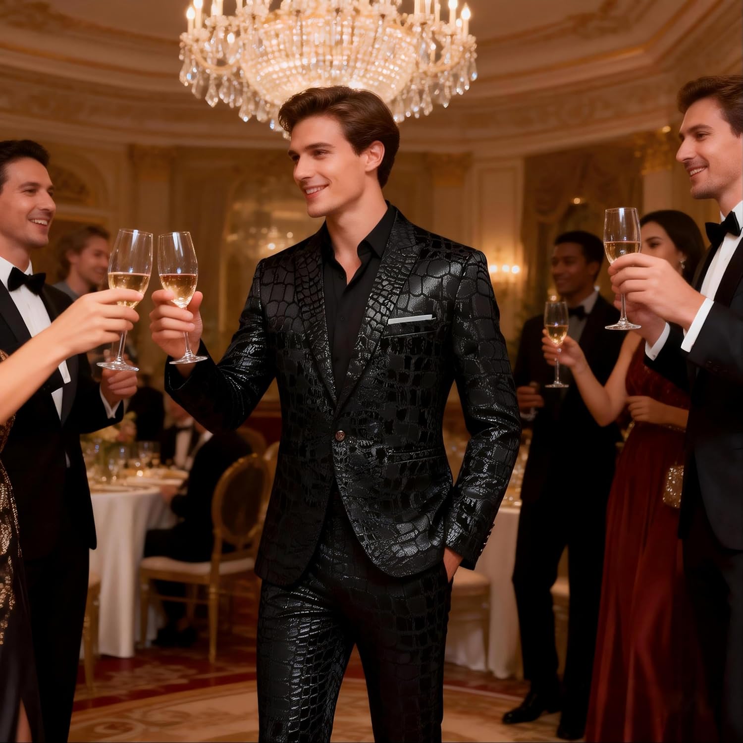 MOGU Mens 2 Piece Double Breasted Suit Jacquard Slim Fit Formal Groomsmen Wedding Party Black Tuxedo - Image 2