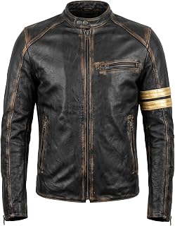 LIVEEVIL Men's Cafe Racer Motorcycle Jacket - Real Lambskin Distressed Leather Slim Fit Vintage Biker Jackets for Men