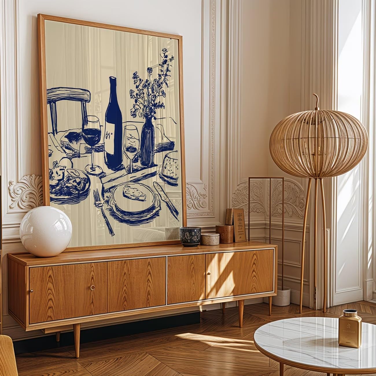 ZHAOLIN Plakat ścienny w stylu vintage z minimalistycznym francuskim śniadaniem z zielonym winem i serem, na płótnie (60 x 90 x 3 cm, bez ramki).