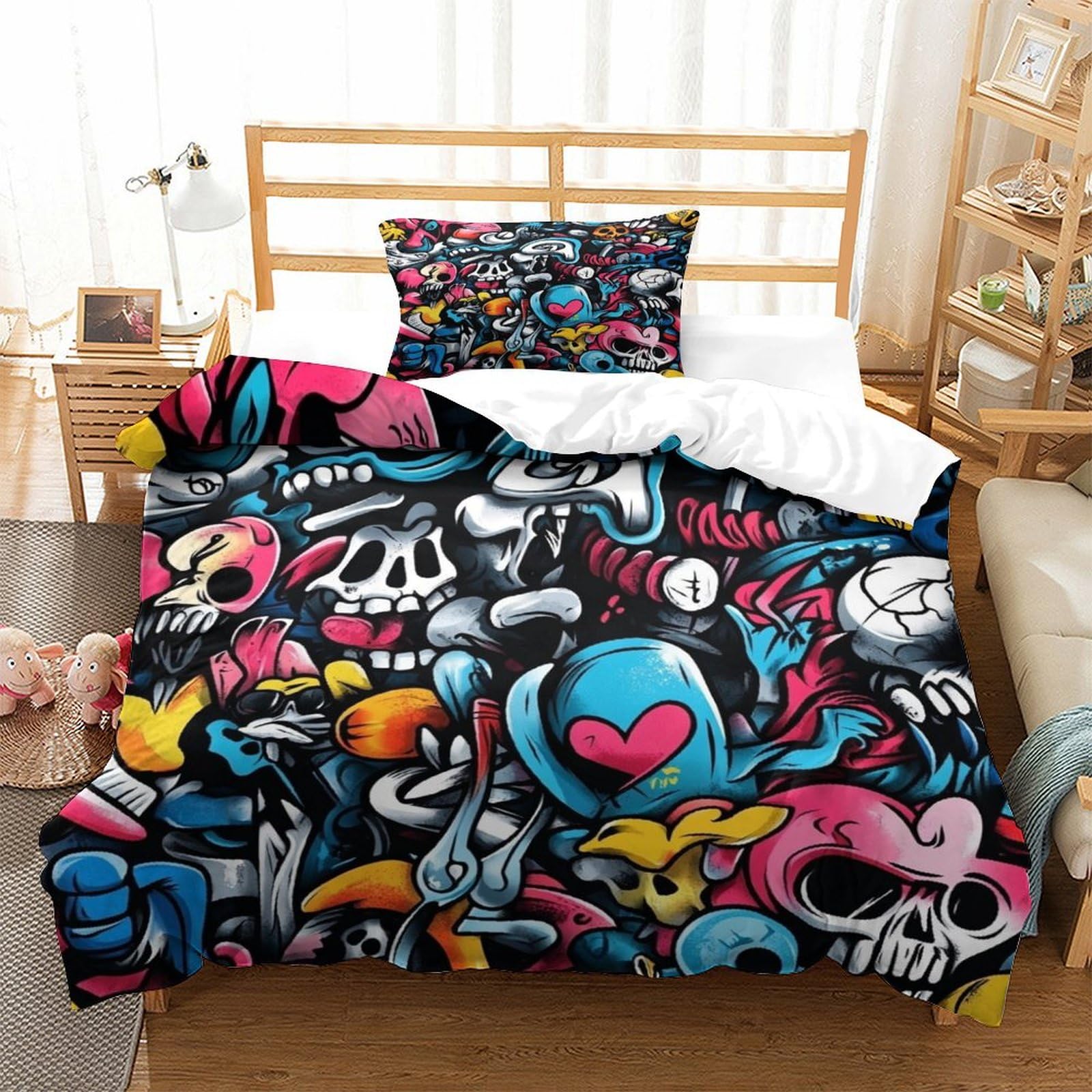 LILIlaobiao Graffiti Luxe Comforter Cover Hidden Zipper Duvet Cover Set with Pillowcases Bedding Set Soft Microfiber Doodles Quilt Cover Set for Kids & Adults Single（135x200cm）
