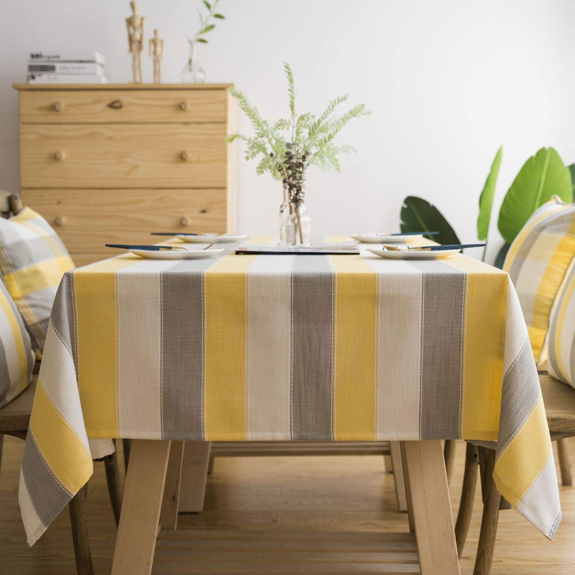 Plancholo Cotton Linen Tablecloth Farmhouse Striped Table Cloth Dust-Proof Washable Table Cover for Kitchen Dining Tabletop Decoration (Yellow, Rectangle/Oblong, 53 x 71 Inch)
