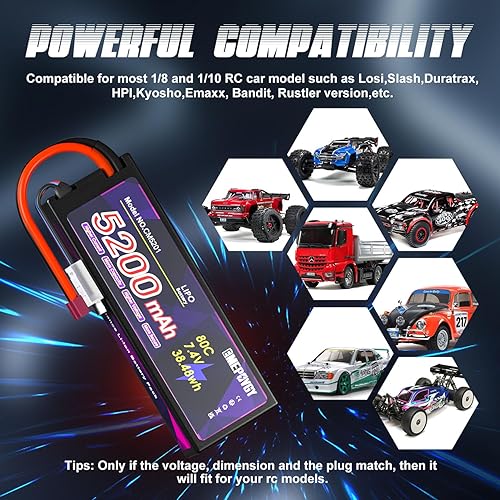 Miniatura 6 de Batería Lipo de 7.4V 2S 5200mAh 80C Lipos Estuche rígido con conector T para coches RC camiones 18 110 vehículos RC (2 paquetes)