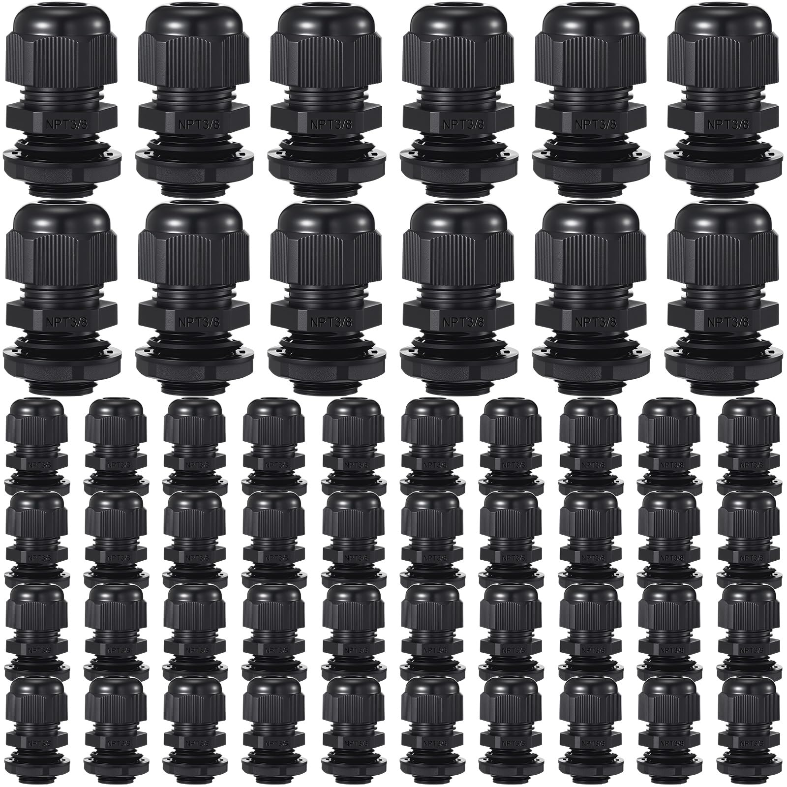 Relaxweex 50 prensaestopas de nailon negro NPT de 3/8 pulgadas, impermeables, IP68, diámetro del cable ajustable, conectores impermeables, agarre de cable negro