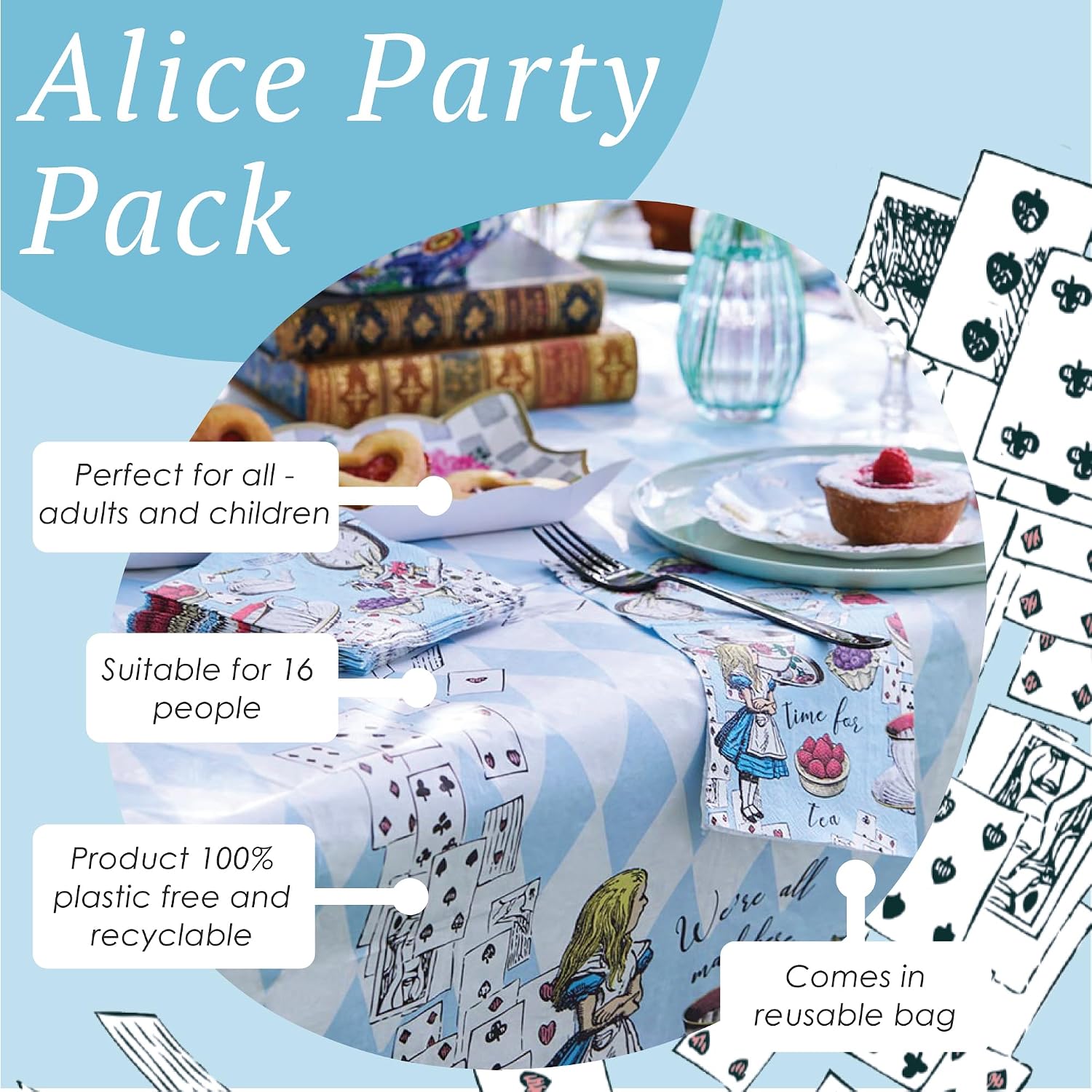 Talking Tables 50pcs Alice in Wonderland Party Set for 16 Guests, Napkins, Plates Cups, Bunting- Mad Hatter Tea Party Decorations FOR Baby Shower Mother's Day Bridgerton Wedding Birthday Decorations