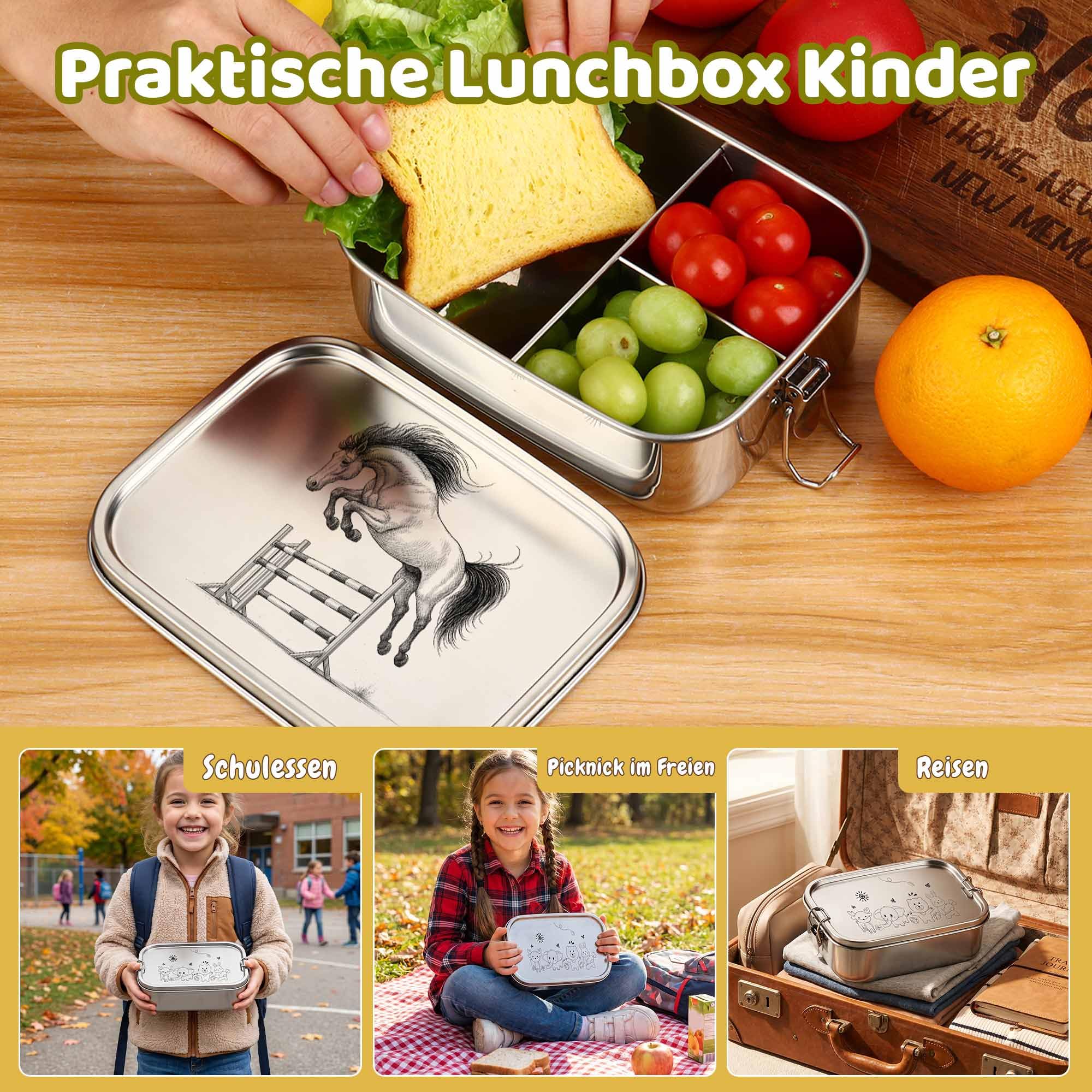 OXYEFEI Brotdose Kinder mit Fächern,Brotdose Edelstahl mit Gabel und Löffel Bunte Buchstabenaufkleber Individuell gestaltbare Namen Geschenk für Jungen und Mädchen (Dinosaurier, 1000ML)
