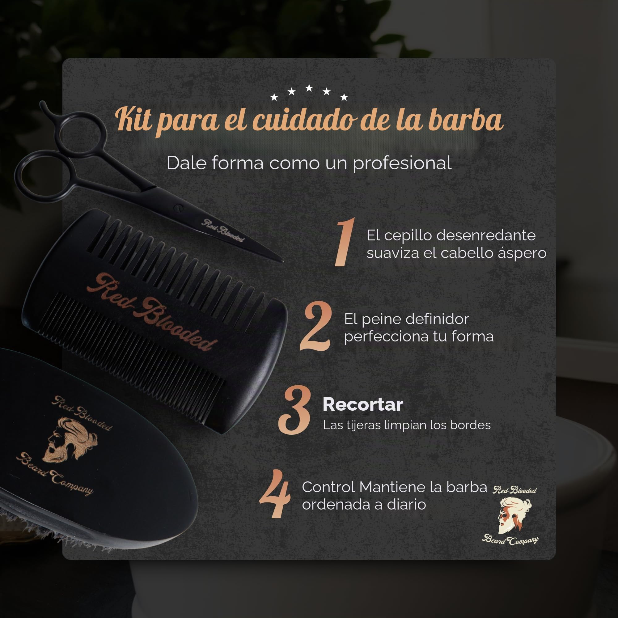 Red-Blooded kit barba hombre con aceite para barba, bálsamo para barba, cepillo para barba, peine para barba y tijeras para barba. Colonia perfumada hecha con aceite de jojoba y aceite de macadamia