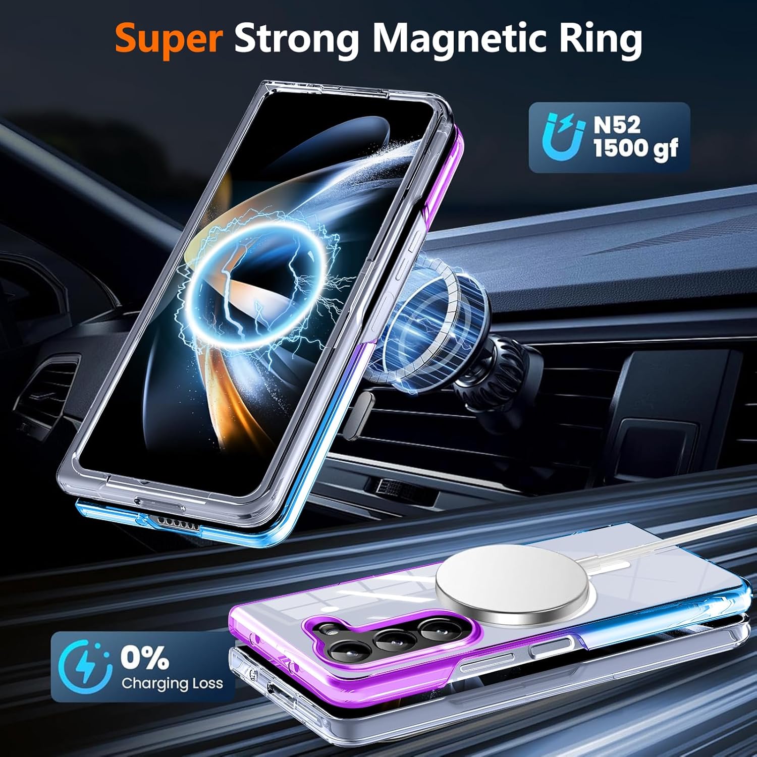 for Galaxy Z Fold 6 Case Clear，[Strong Magnetic] Wireless Charging，[Gradient][Not Yellowing]，Shockproof Protective Scratch Resistant Hard PC+TPU,Purple/Blue MUS-CXSX-03-03