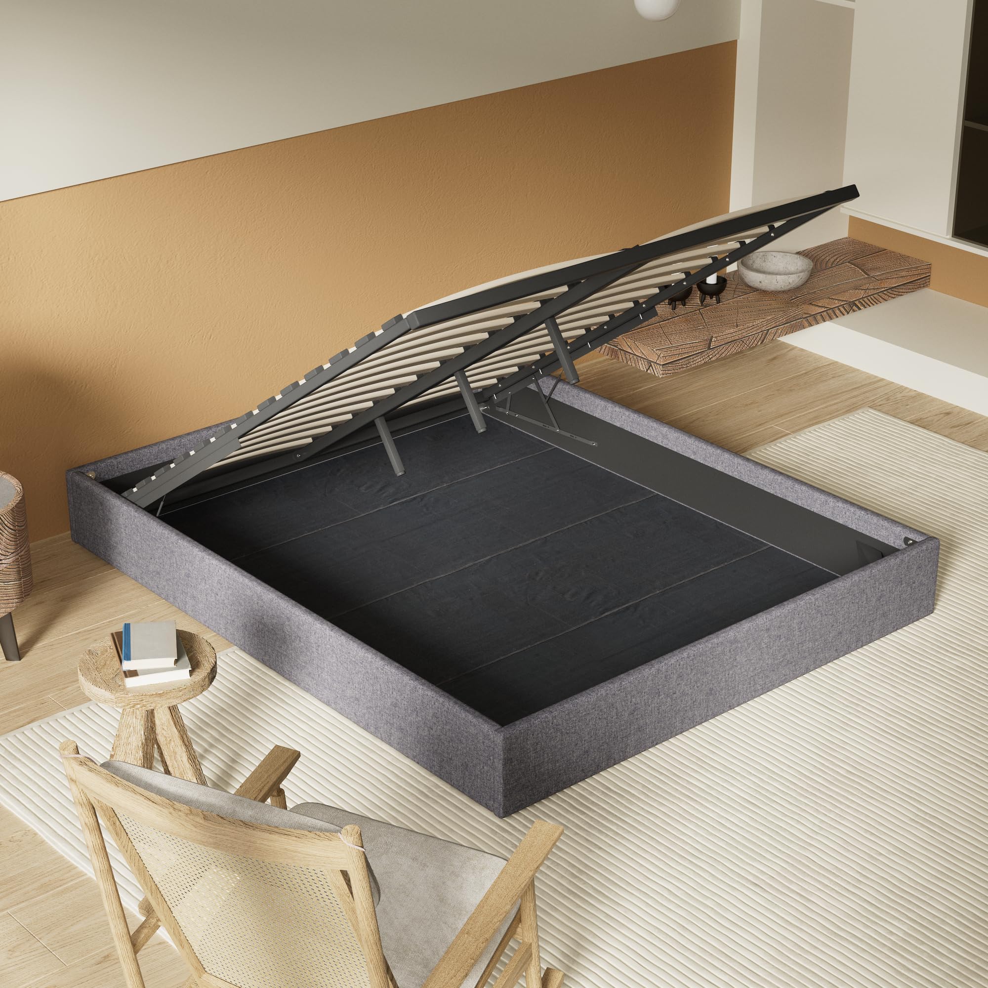 NOVEMBER Letto Contenitore 120 x 190 cm, Rete a Doghe in Legno Flessibile, Struttura in Tessuto Grigio, Stabile e Robusto. Ampio Spazio di Stoccaggio sotto il letto.