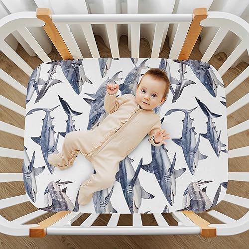 Miniatura 7 de Kigai Sábana bajera ajustable para cuna para niños y niñas, sábana de punto vintage de tiburones para colchones estándar de cuna y cama de niños