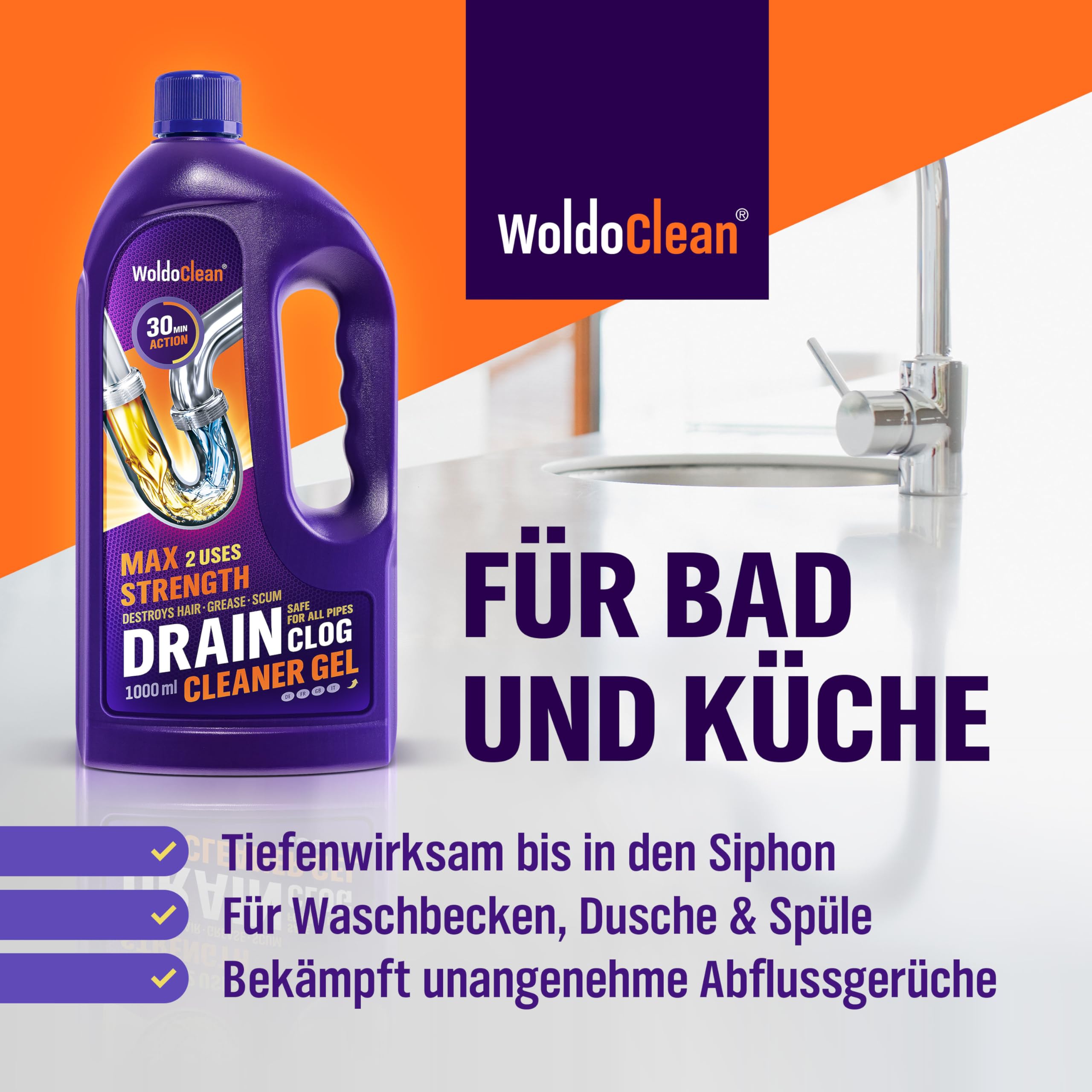 WoldoClean Rohrreiniger und Abflussreiniger Gel 8x 1000ml | 8 Liter extrem stark, gegen Haare & Fett, Dusche, Waschbecken, Bad & Küche