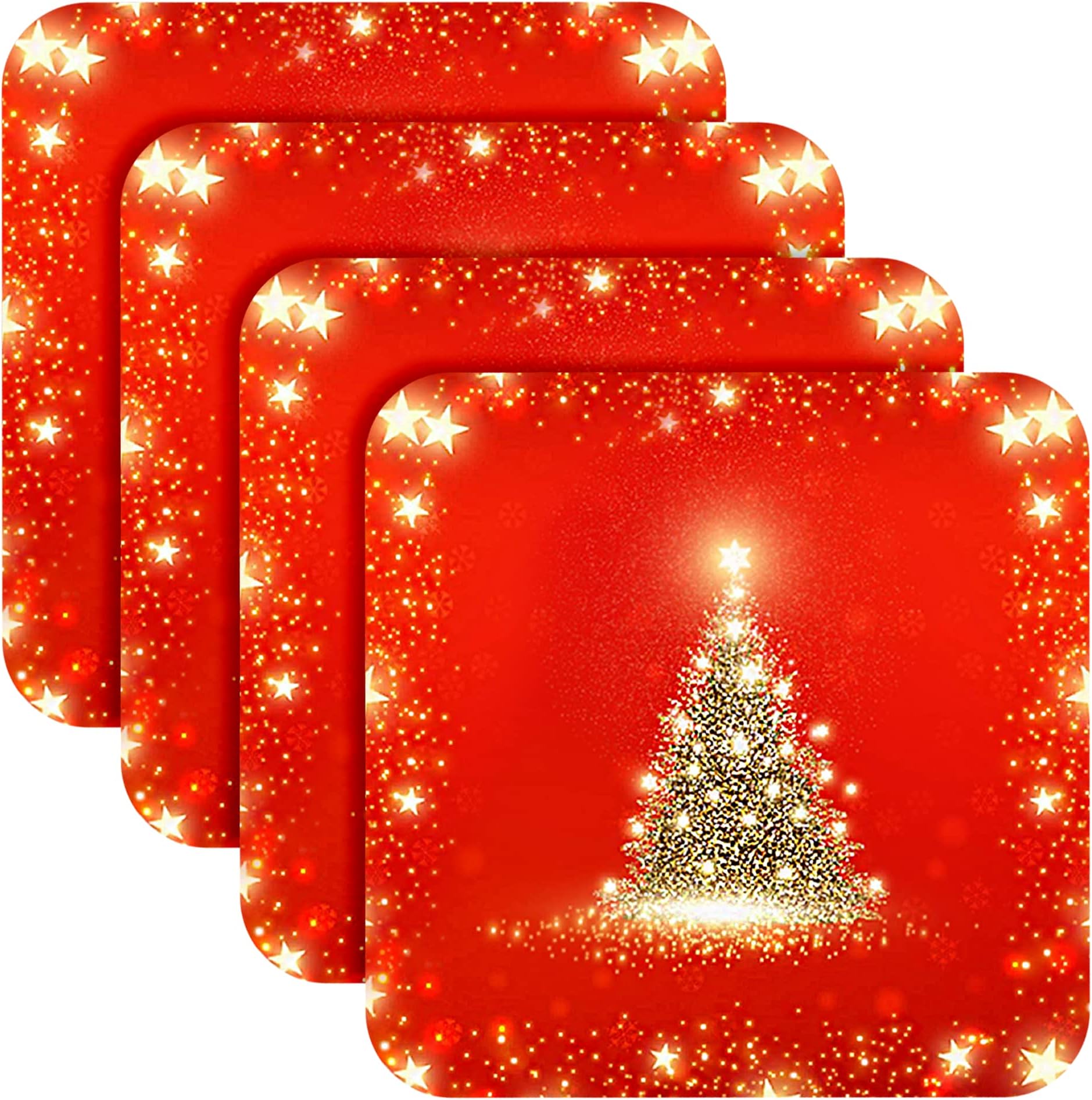 SA Products Christmas Coasters - 4-Pack Set with Laminated Surface, Cork Back - Holiday Tree in Lights Design - Protects Tables from Stain, Water Rings - Holders for Cups, Mugs, Glasses - 10.5x10.5cm