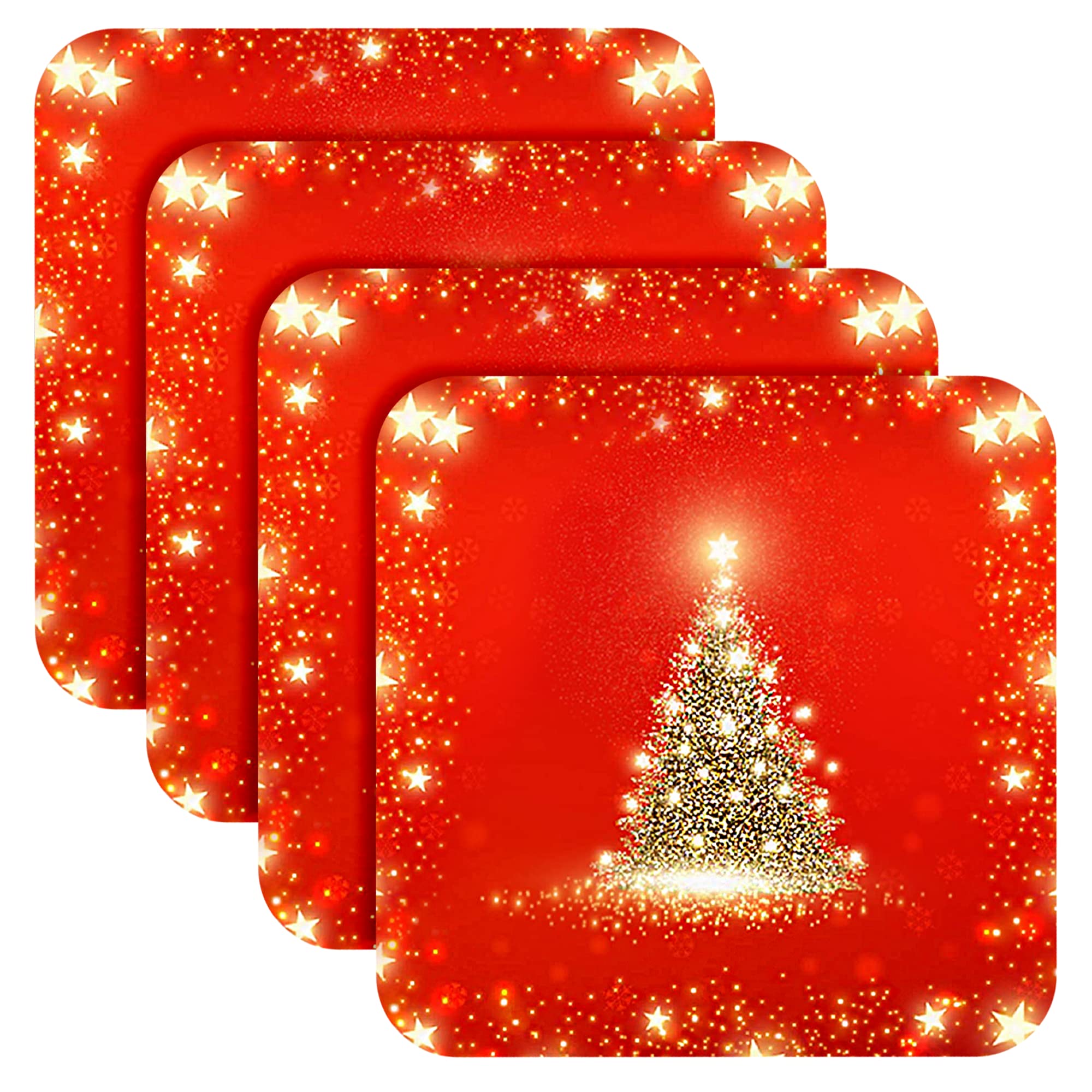 SA Products Christmas Coasters - 4-Pack Set with Laminated Surface, Cork Back - Holiday Tree in Lights Design - Protects Tables from Stain, Water Rings - Holders for Cups, Mugs, Glasses - 10.5x10.5cm