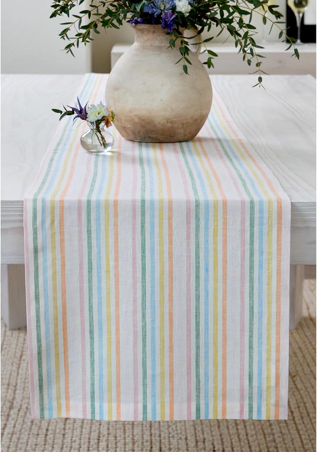 Solino Home Striped Linen Table Runner 108 Inches Long - Julia 100% Pure Linen Multicolor Muted Pastel Stripe Dining Table Runner 14 x 108 Inch for Spring, Easter