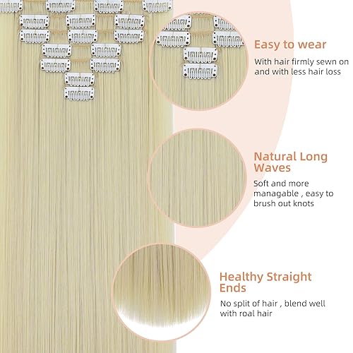 Miniatura 5 de Extensiones de cabello rubio, extensiones de cabello con clip, largo y lacio, 22 pulgadas, 7 extensiones de cabello sintético profesional, de cabeza