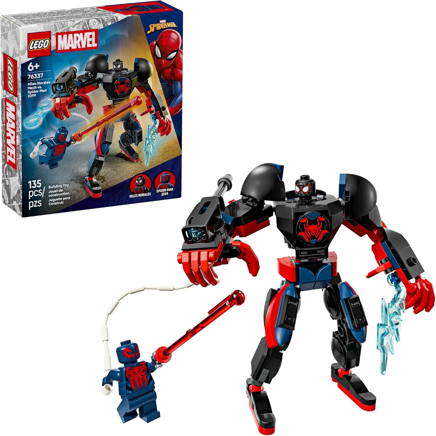 LEGO Marvel Miles Morales Mech vs. Spider-Man 2099 Building Toy for Boys & Girls - Poseable Super Hero Mech & 2 Marvel Minifigures for Kids & Fans, Ages 6+ - Gift Idea for Birthdays - 76337