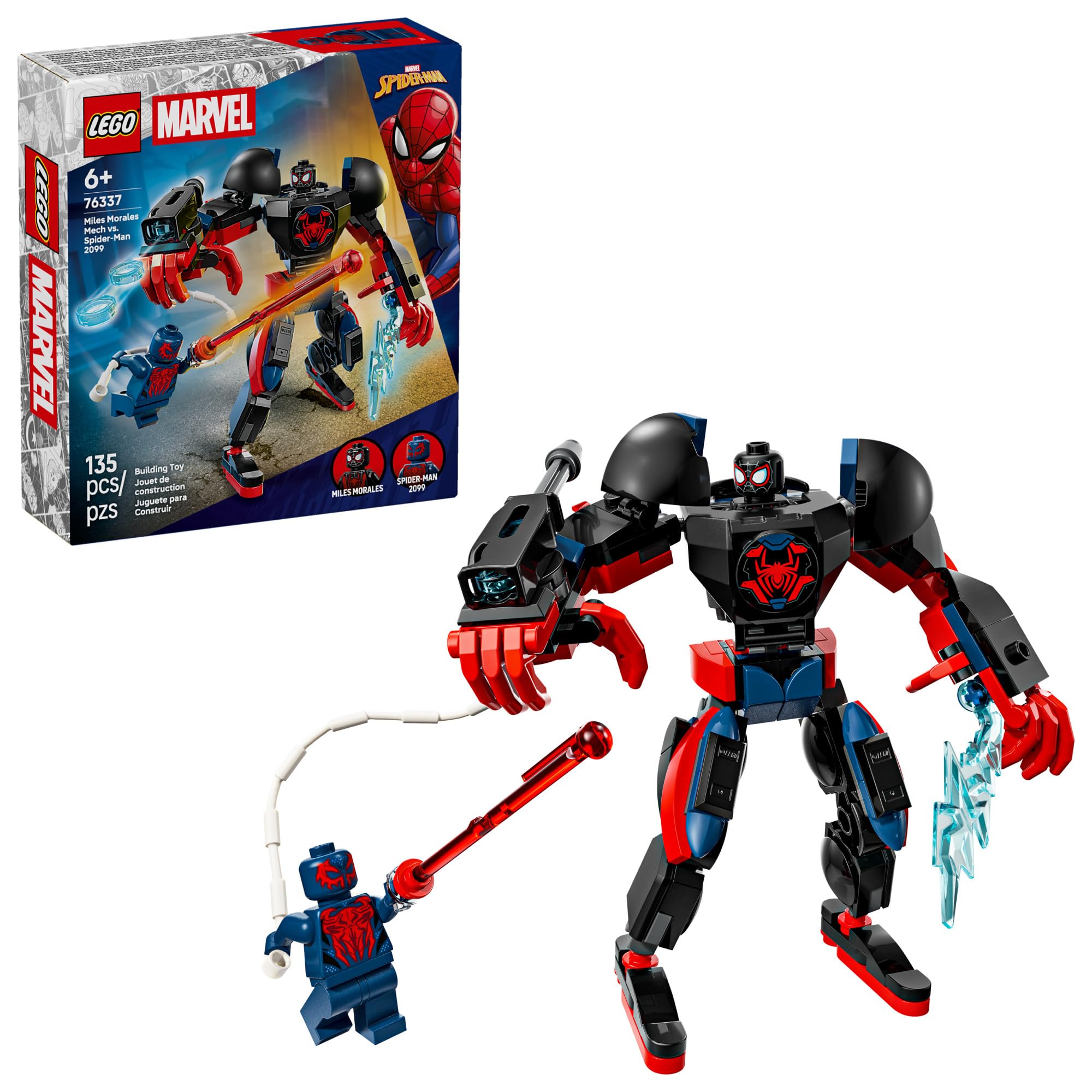 LEGO Marvel Miles Morales Mech vs. Spider-Man 2099 Building Toy for Boys & Girls - Poseable Super Hero Mech & 2 Marvel Minifigures for Kids & Fans, Ages 6+ - Gift Idea for Birthdays - 76337