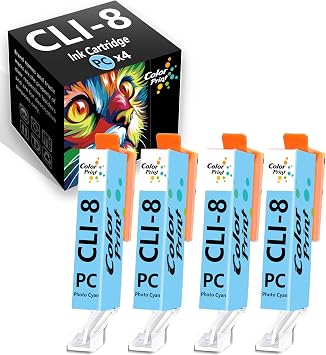 Compatible CLI8PC Ink Cartridge Replacement for CLI8 Ink CLI-8 for PIXMA Pro9000 MP960 iP4500 iP4200 MP500 iP6600D iP6700D MP600 iP4300 iX5000 Printer 4-Pack, CLI8 Photo Cyan