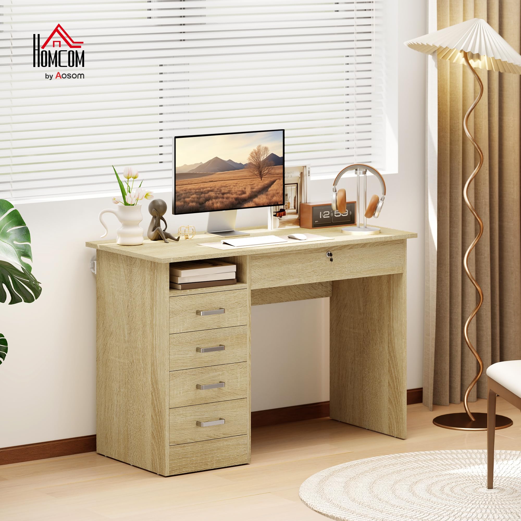 HOMCOM Tavolo per computer moderno con 5 cassetti, ampio piano, 1 scomparto aperto, cassetto con serratura, 110 x 50 x 76 cm, rovere