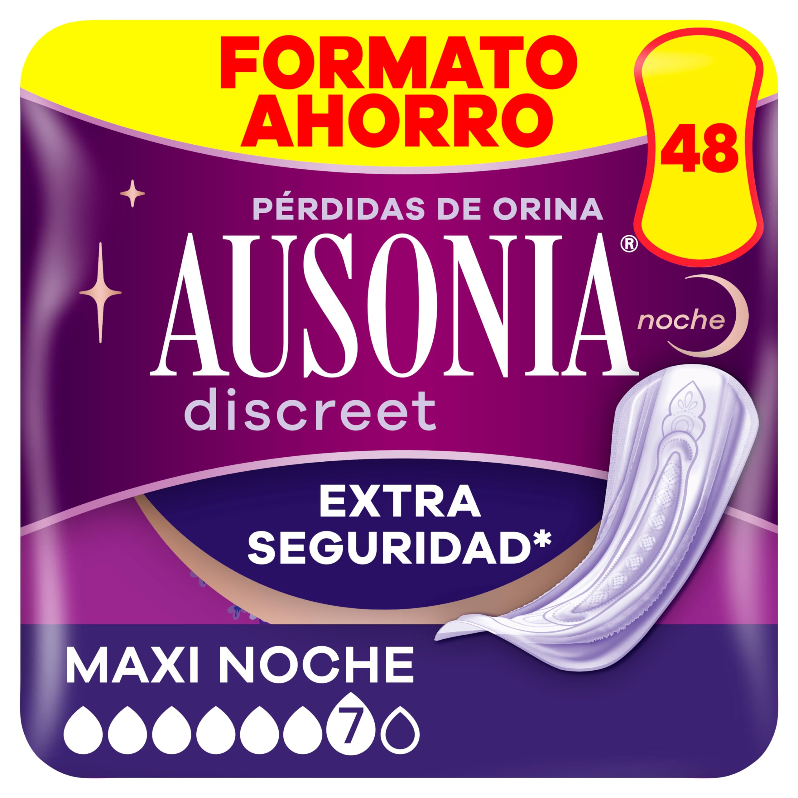 Detalle de la compresa Ausonia Discreet Maxi Noche mostrando su grosor y diseño discreto.