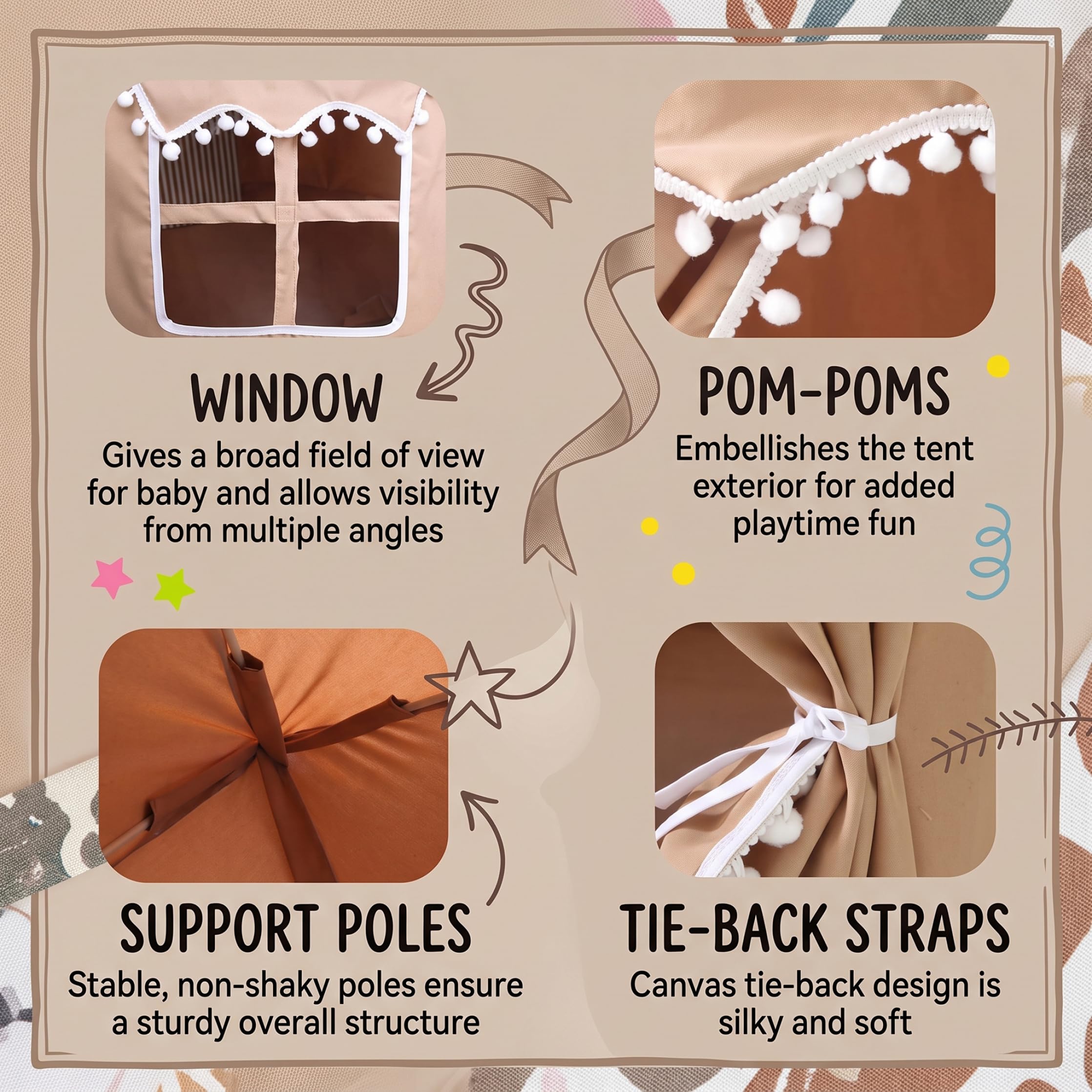 Tenda Teepee, Tenda da Gioco Pieghevole per Interni con Finestra di Ventilazione Beige