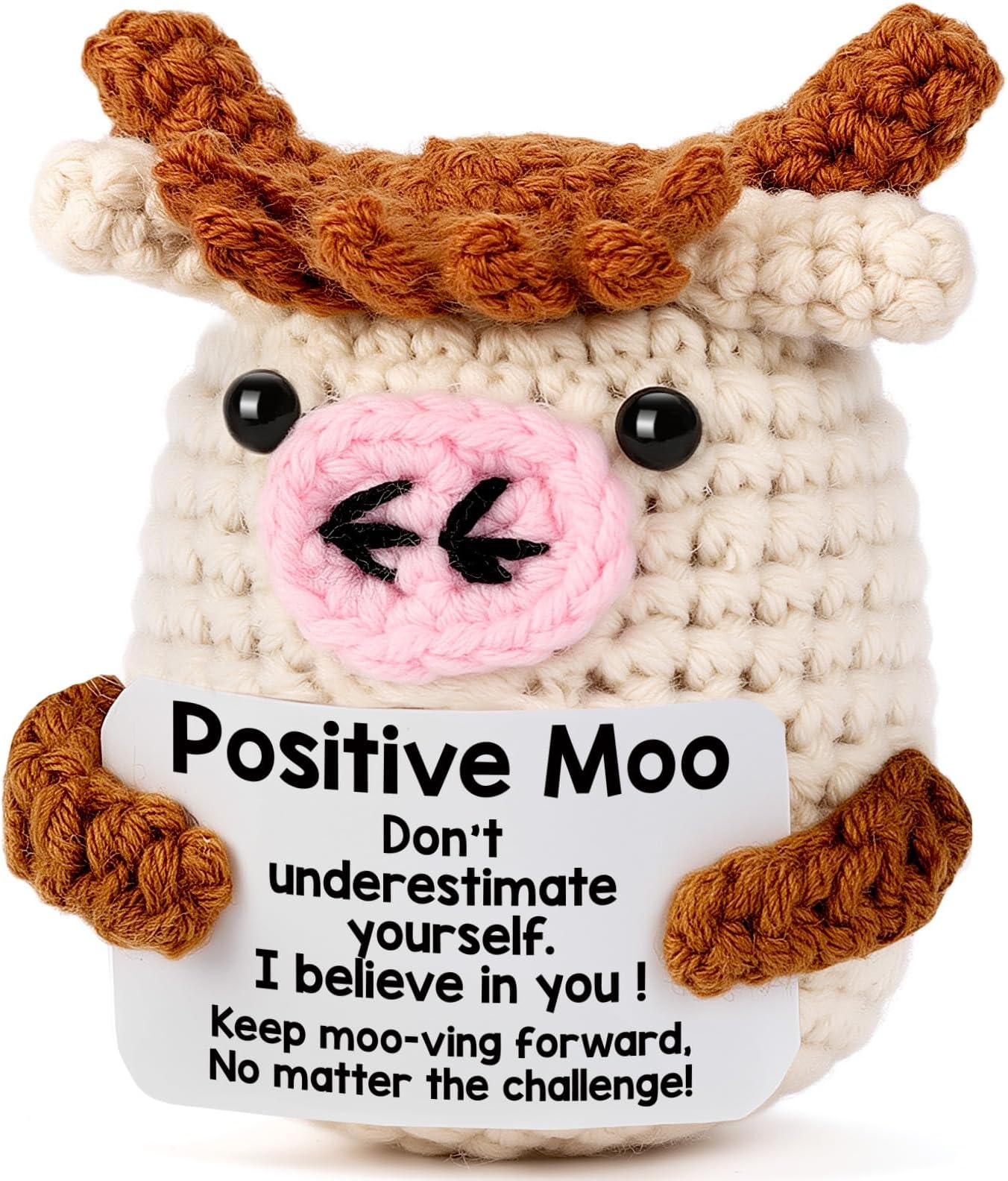 Positive Moo Easter Basket Essentials Stuffers for Teens Boy Girl Daughter Son, Easter Gifts for Kids Teenage - Handmade Crochet Cow Emotional Cheer Up Support Birthday Gift for Women Men