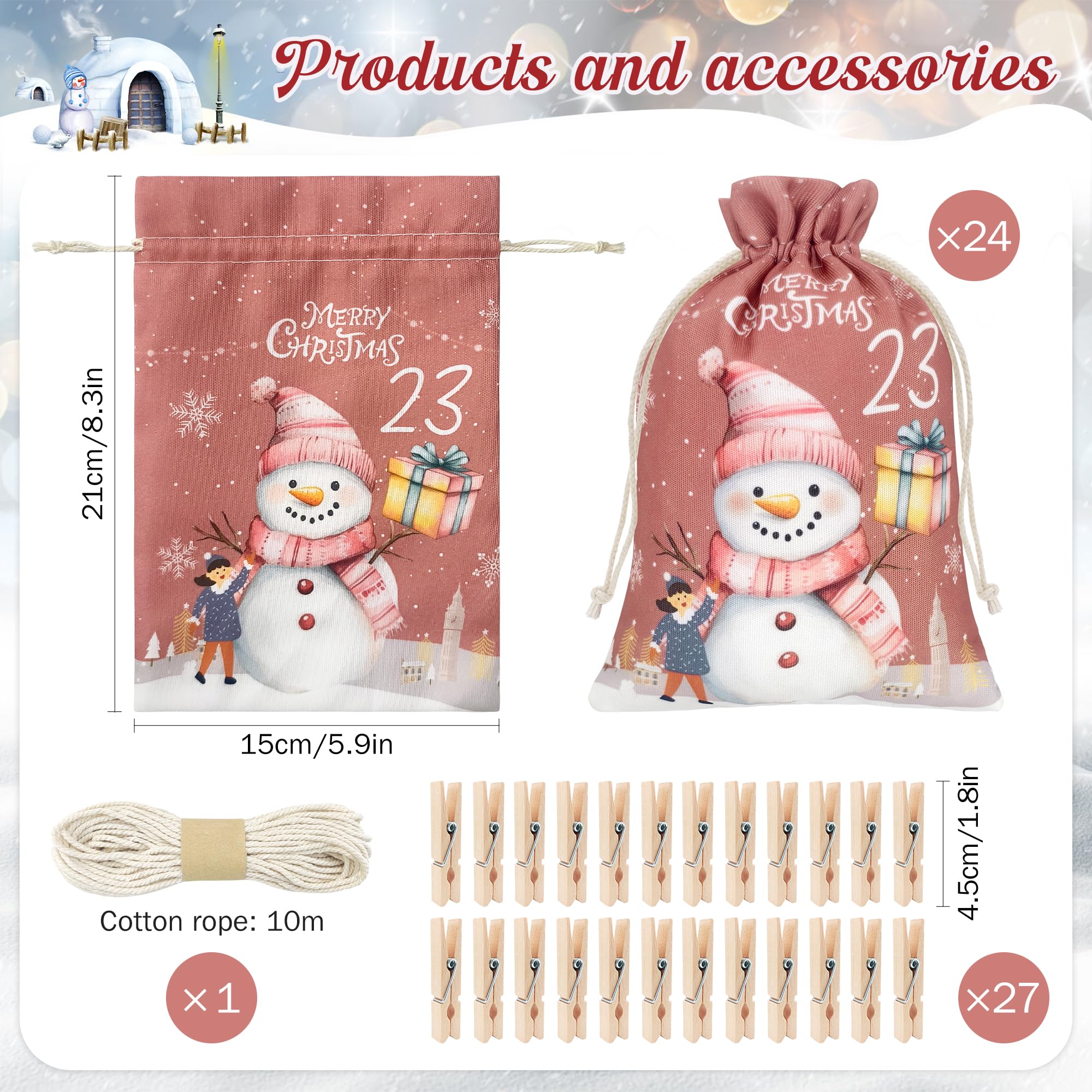 24 Stück Adventskalender Säckchen Zum Selbstbefüllen - Wiederverwendbare Stoffsäckchen Mit Holzklammern Für DIY Weihnachtskalender