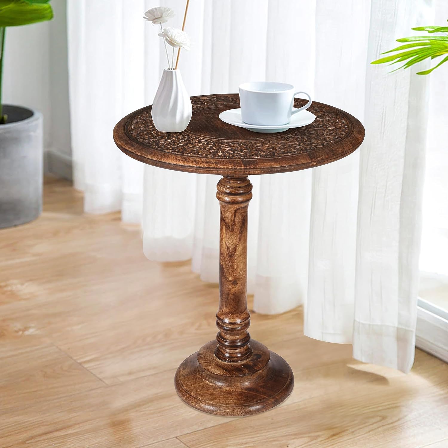 Lightnpro Hand Carved Solid Mango Wood Round Pillar Accent Table - 18" × 22" Rustic Farmhouse Side End Table | VintageRustic Boho Nightstand for Living Room, Bedroom & Entryway Burnt 18x22 - Single Pillar