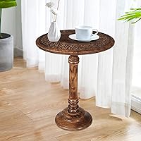 Lightnpro Hand-Carved Solid Mango Wood Round Pillar Side Table 18x22in - Rustic Farmhouse Boho End Table Nightstand