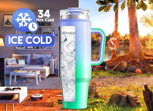 Miniatura 2 de Meoky Vaso de 40 onzas con asa y pajita, vaso aislado con tapa y popote, taza de viaje de acero inoxidable, mantiene el frío durante 34 horas, 100%