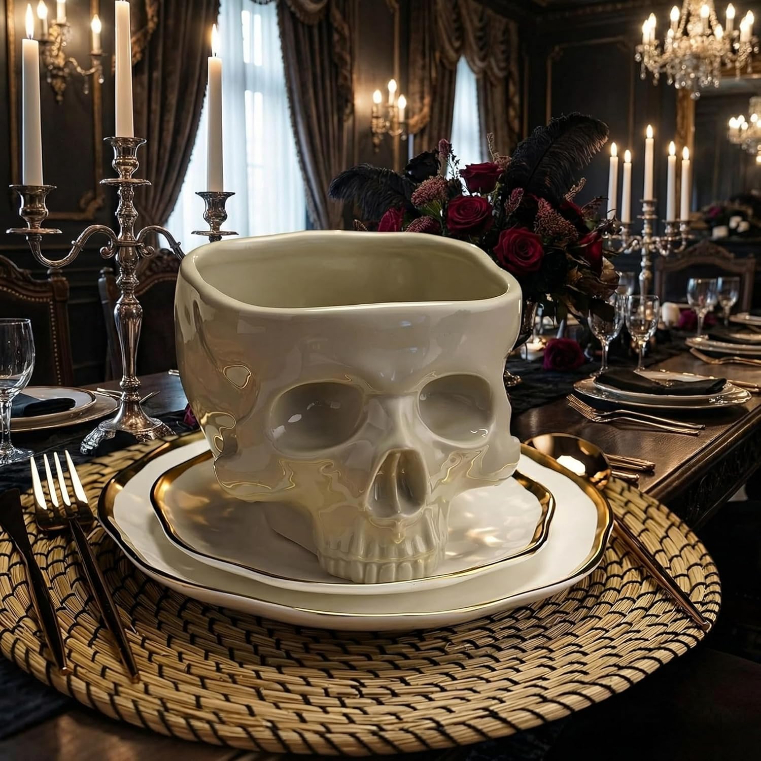 Food Safe Ceramic Gothic Skull Bowl - 500ml Gothic Halloween Candy & Serving Bowl for Cereal, Pasta, Ice Cream, Dishwasher & Microwave Safe Skeleton Head Decor Unique Gift (Large)