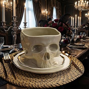 Gothic Skull Bowl 17oz Ceramic Food-Safe MW/DW Safe Halloween Candy | Stable base prevents tipping; versatile for plants/pens/candy; durable glaze, gift-ready.
