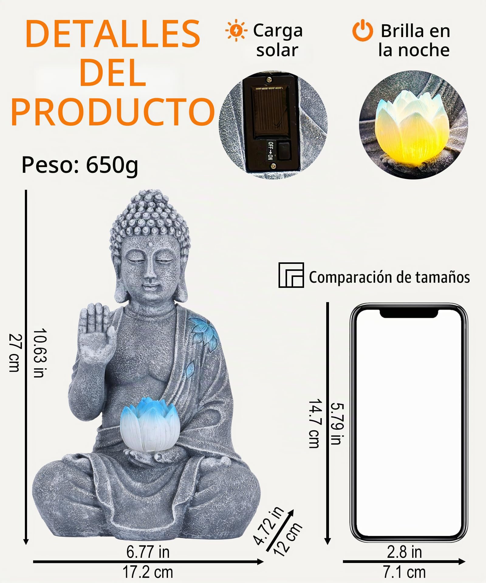 Yeomoo Figura de Buda con Solar LED Lotus para Jardín - Decoración Resistente al Clima para Meditación, Figuras de Jardín para Zen, Sala de Estar, Feng Shui, Regalo Espiritual para Mujeres, Mamá