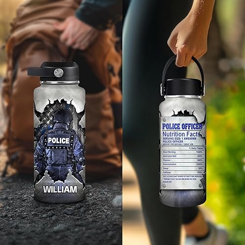 Vista 21 de Hyturtle Botella de agua personalizada de policía, botella de acero inoxidable aislada de 18 onzas, 32 onzas, bandera de línea azul fina, regalo