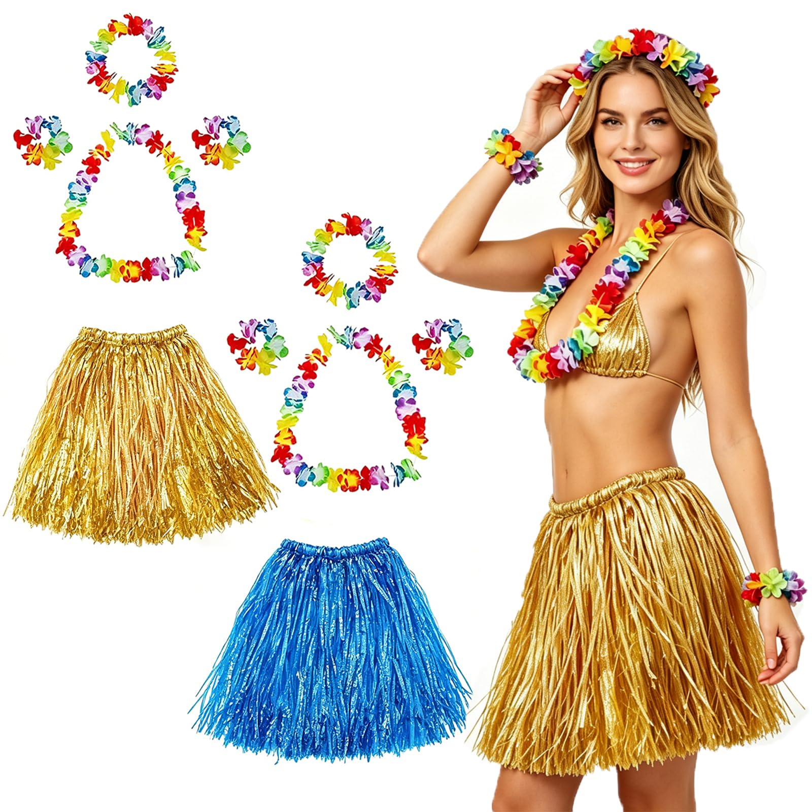 KFSCIP Hawaiian Fancy Dress Women, Hawaiian Dresses with Hula Skirt, Tropical Party Costume, Beach Luau Outfit, Two-Piece Set, 30 cm Length