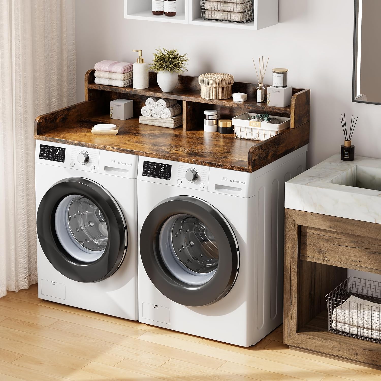 GarveeHome 54" Washer Dryer Countertop with 2-Tier Shelf & 2 Drawers， Wooden Laundry Countertop with Non-Slip Pad and Guard Rails Washer and Dryer Topper for Laundry Room Organization and Storage