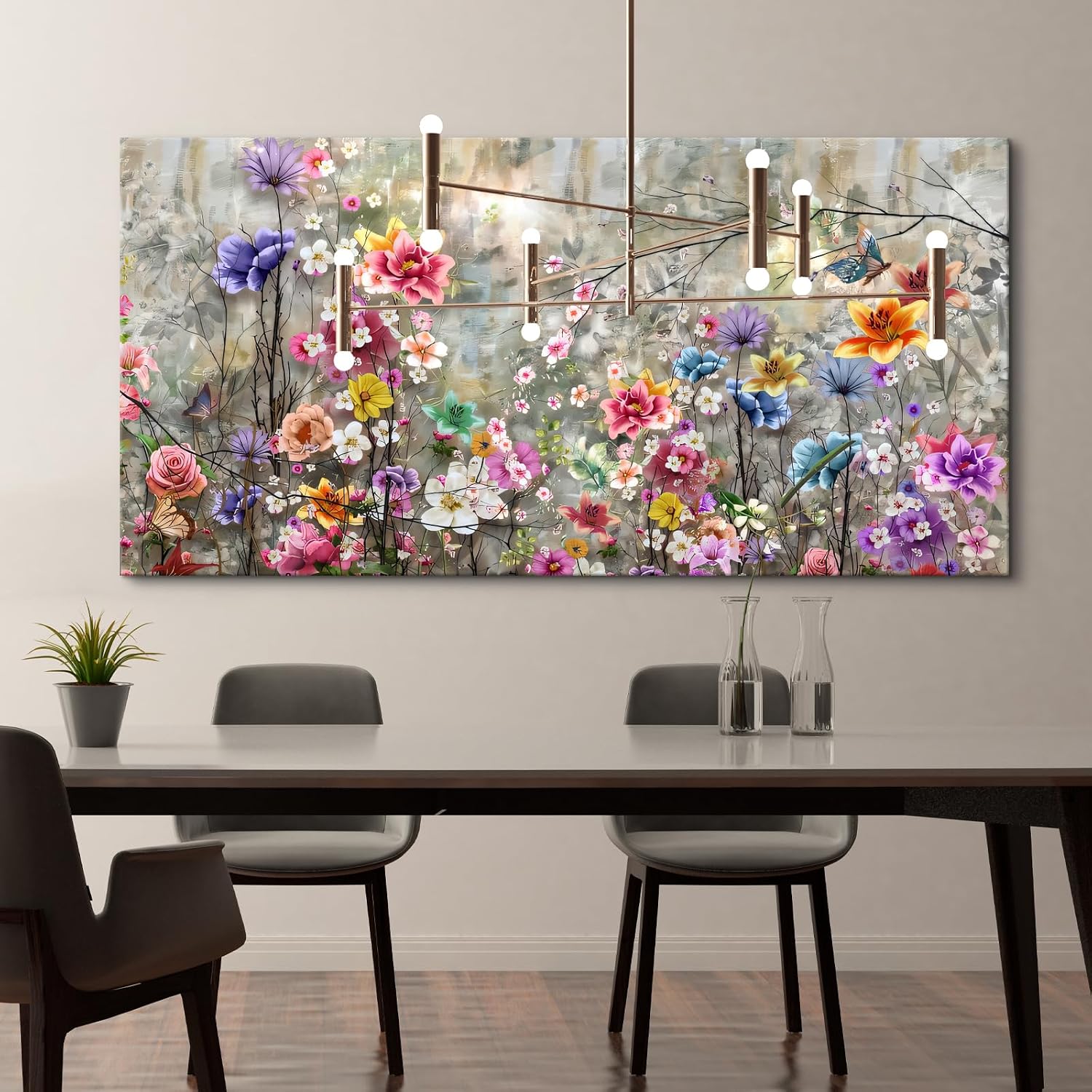 Craftline - Colorful Abstract Floral Botanical Garden Canvas Wall Art, Flowers with Butterflies Nature Plant Prints Painting Vintage Framed Texture Artwork for Living Room Home Decor 32x16inch