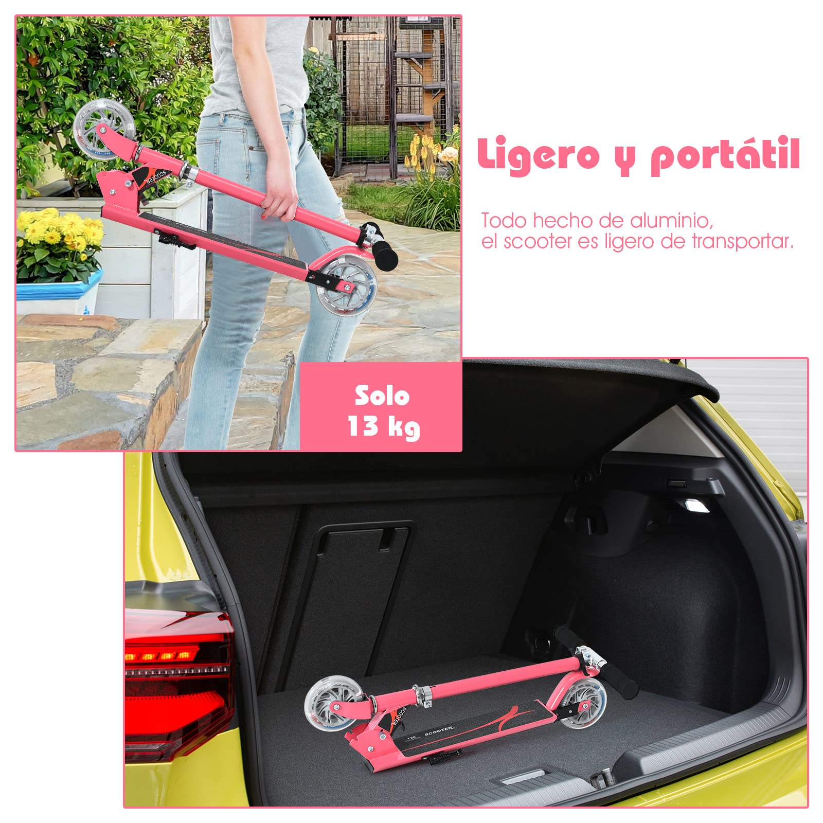 COSTWAY Patinete Niño 4-13 Años Scooter Plegable con Ruedas LED Altura Ajustable hasta 70kg Rosa