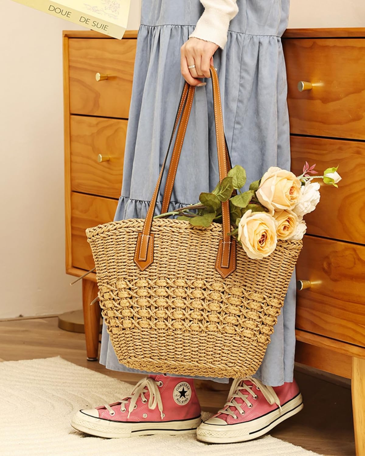 Women's Straw Shoulder Bag Large Rattan Woven Tote, Handmade Beach Bag Summer Purse with Zipper Closure - Image 7