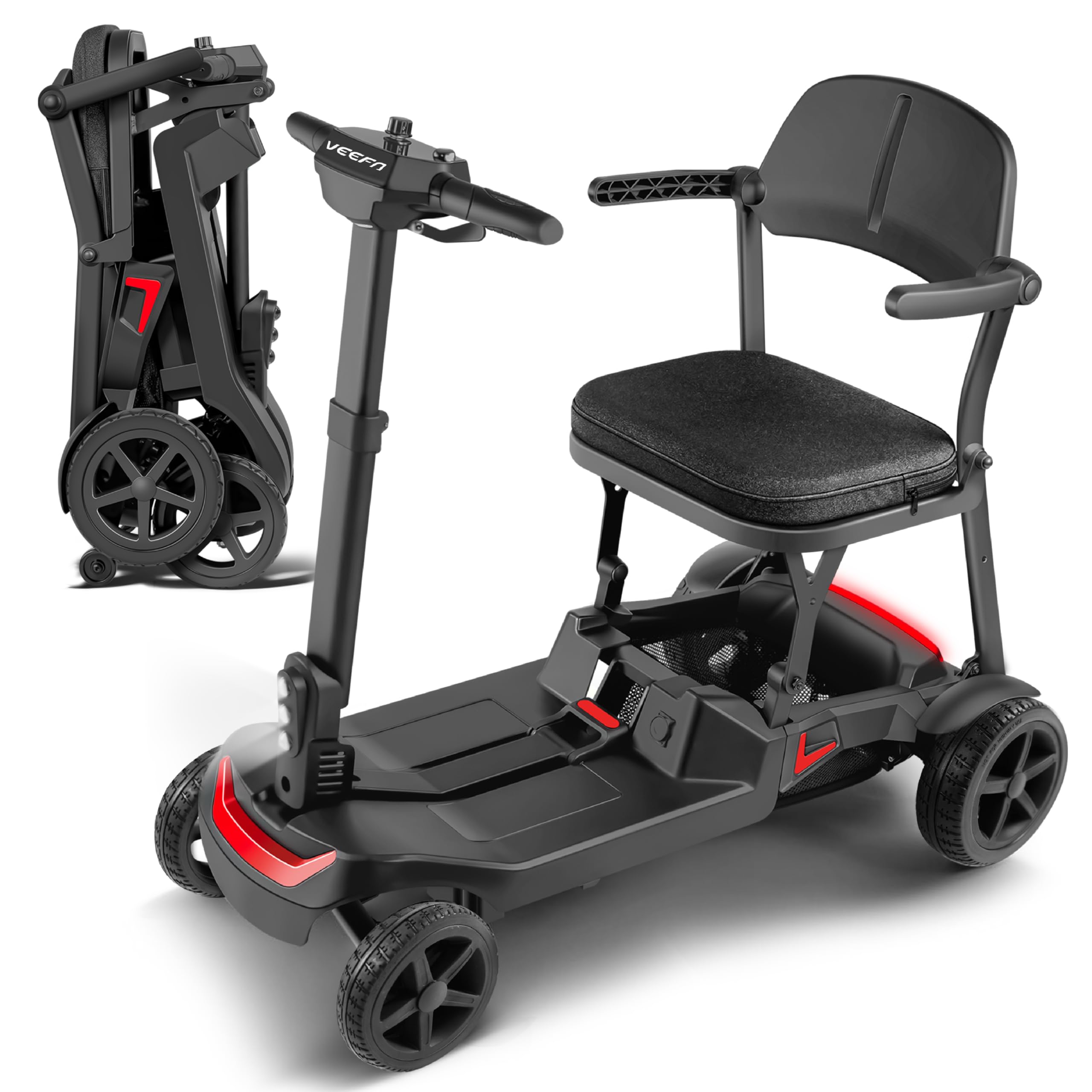 VEEFA Seniorenmobil 4 Rad, 17kg Leichtbau Doppelbatterie 36km Reichweite 6km/h, Elektromobil Klappbar Aluminium für Auto/Flugzeug/Bahn, 122kg Tragkraft, Tragbar Mobility Scooter für Senioren
