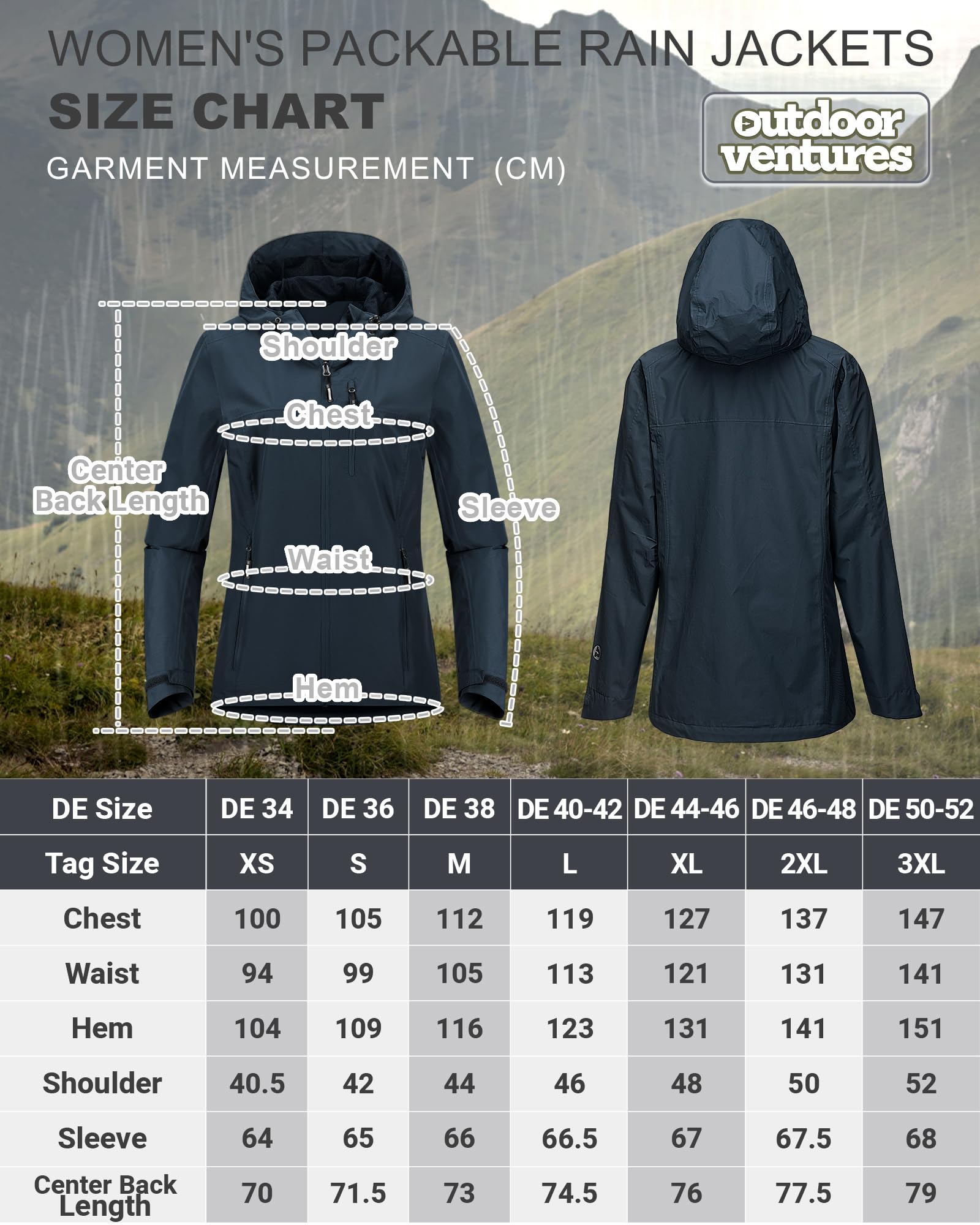 Outdoor Ventures Chubasquero para mujer, 10.000 mm, impermeable, ligero, forrada y plegable, chaqueta de deporte, transpirable, chaqueta con capucha