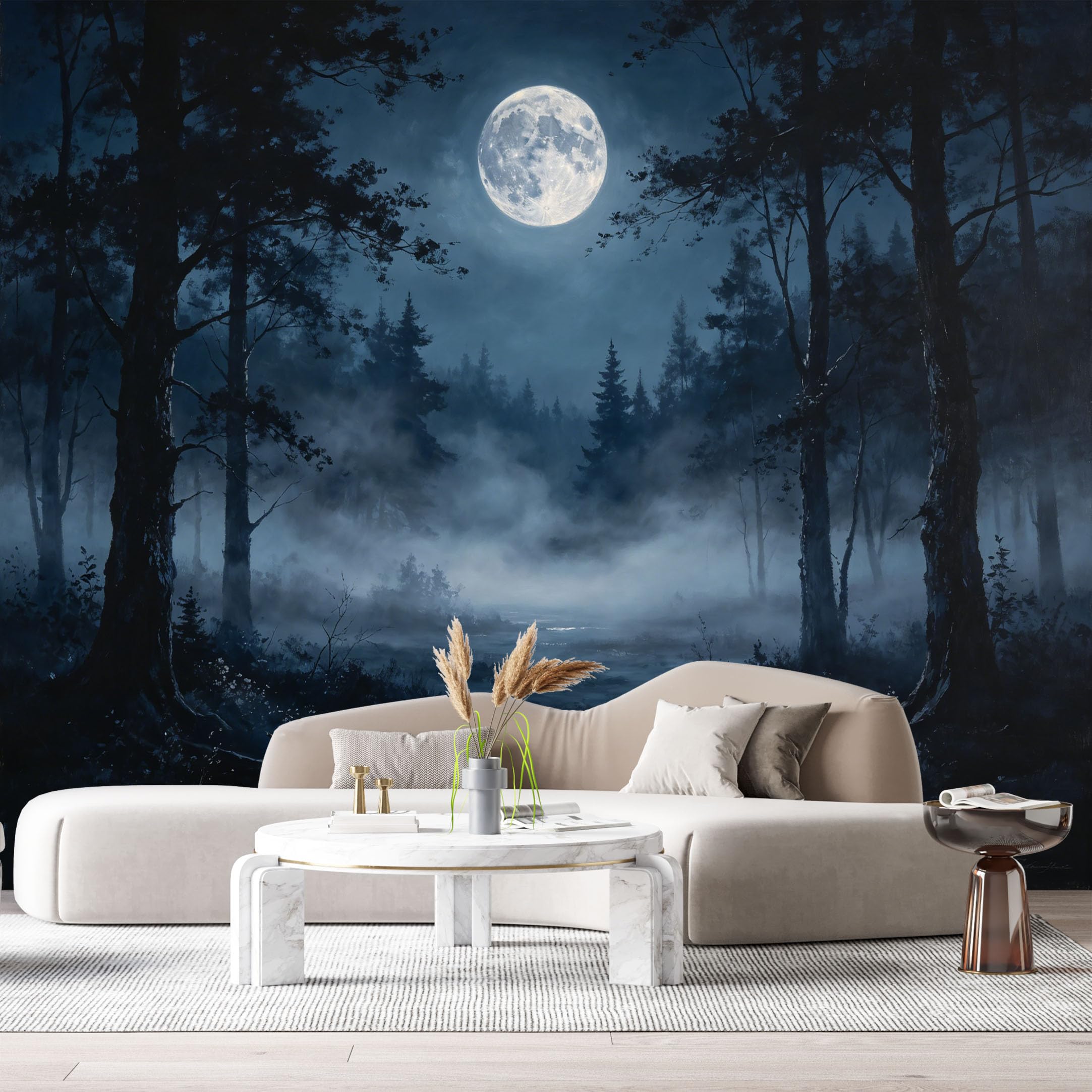 Custom Size Wall Murals Moonlit Forest Landscape Misty Night Lake Watercolor SelfAdhesive Wall Fabric Removable Large Wallpaper for Photo Living Room